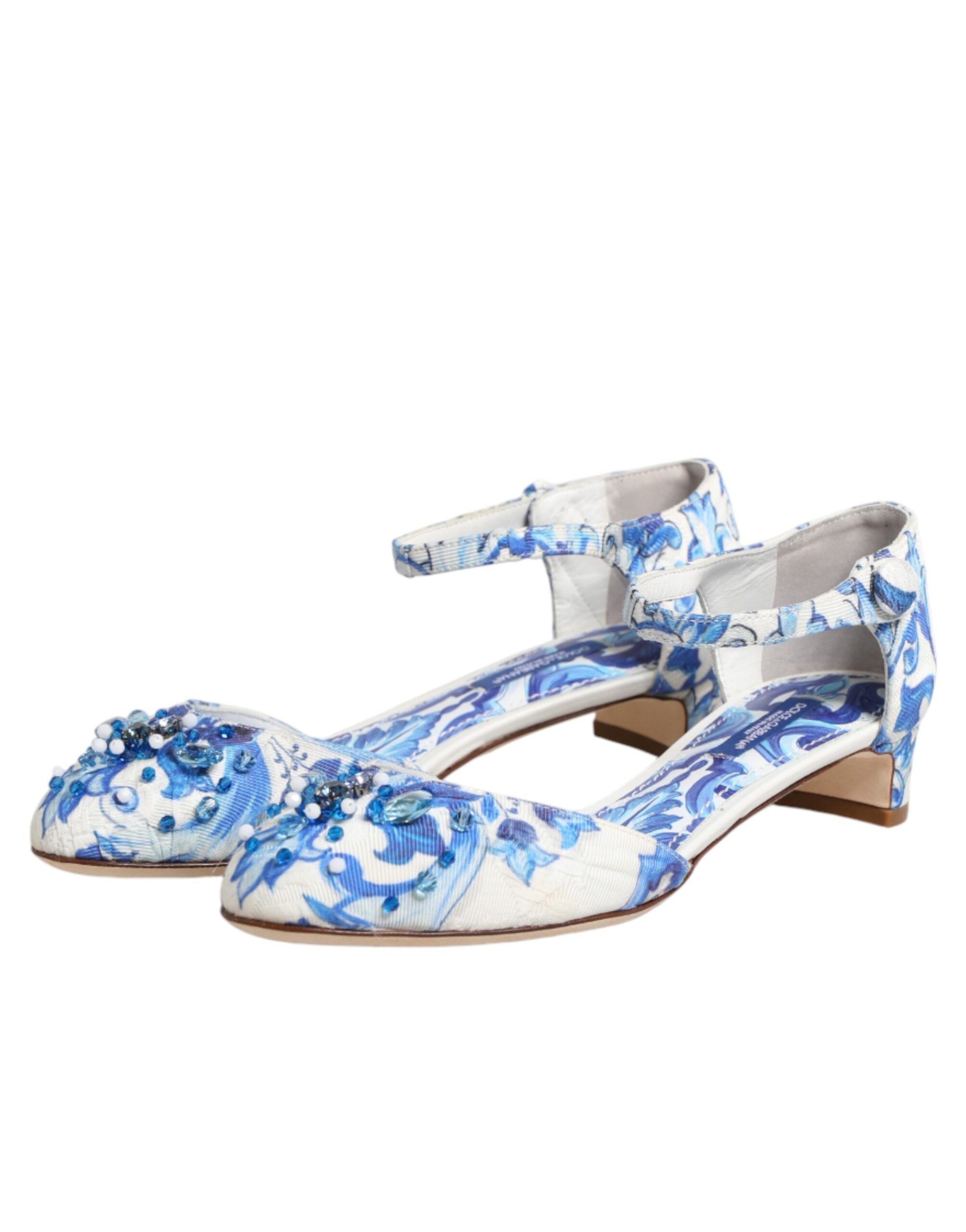 Dolce & Gabbana White Blue Floral Crystal Ankle Straps Shoes Dolce & Gabbana