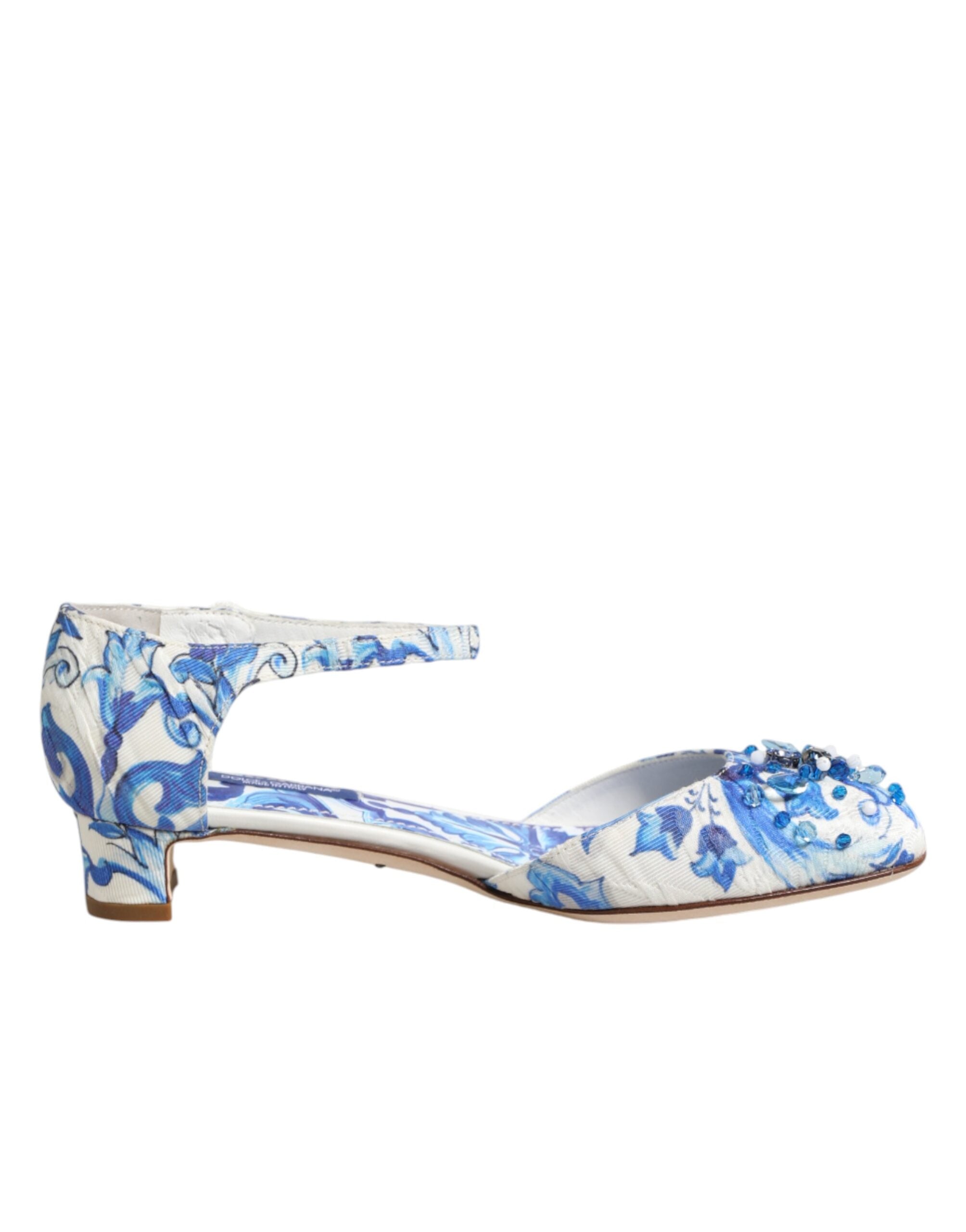 Dolce & Gabbana White Blue Floral Crystal Ankle Straps Shoes Dolce & Gabbana