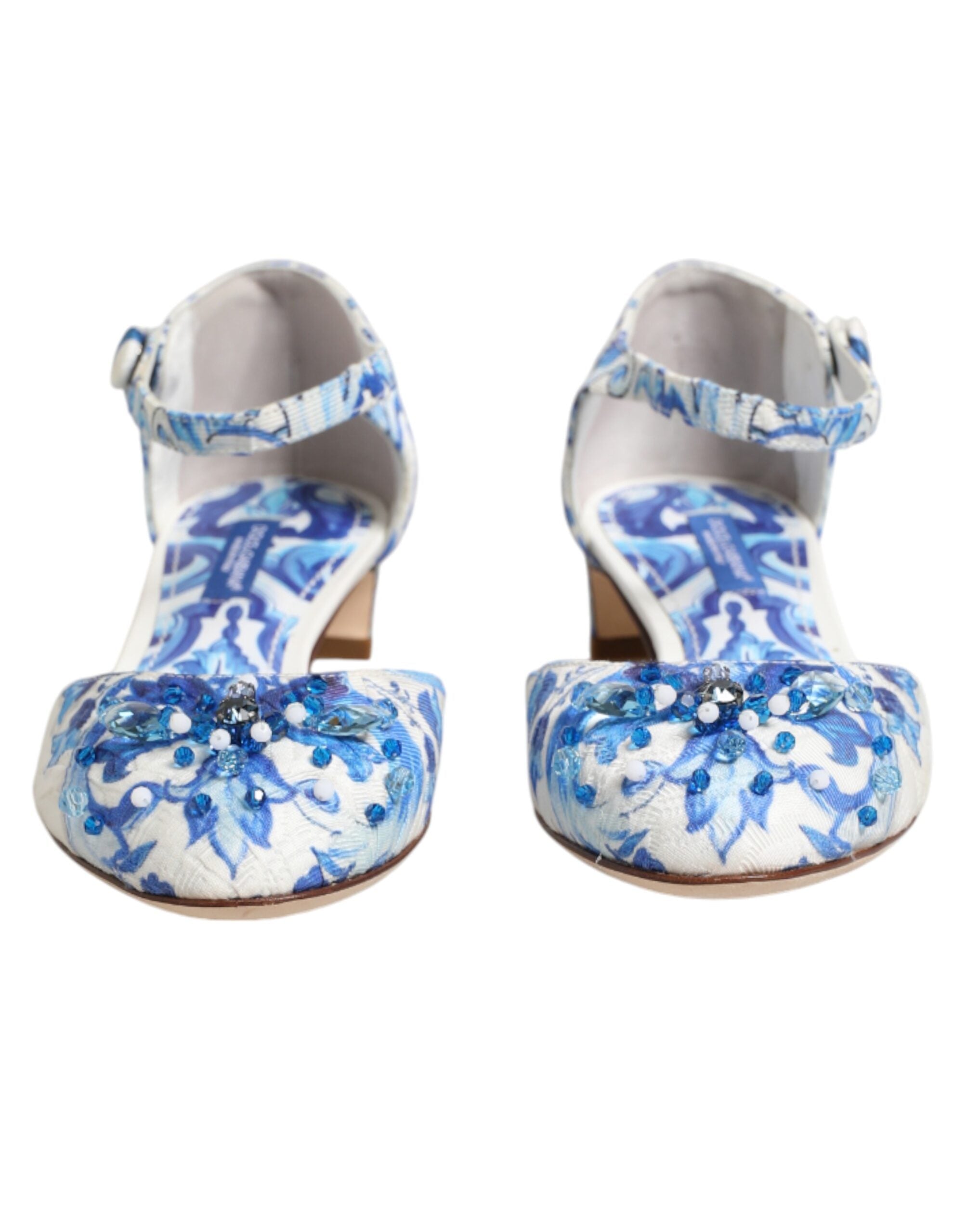 Dolce & Gabbana White Blue Floral Crystal Ankle Straps Shoes Dolce & Gabbana