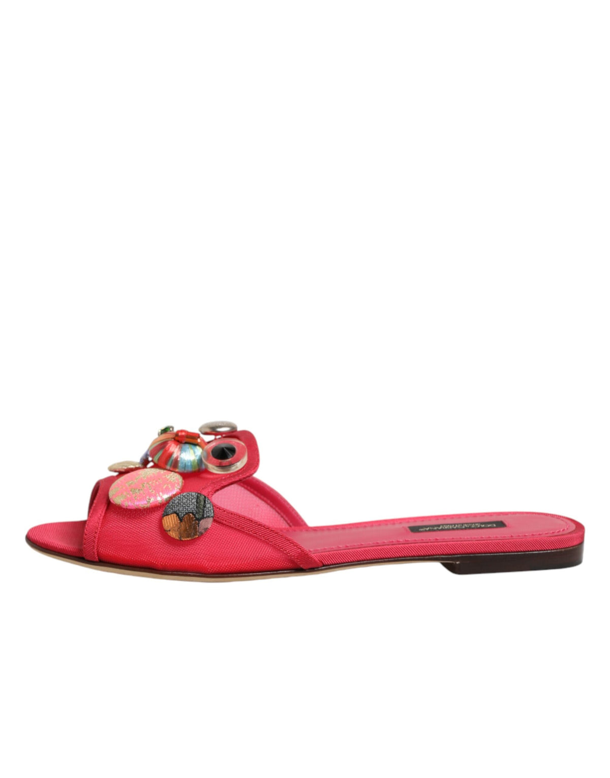 Dolce & Gabbana Red Embellished Flats Slip On Sandals Shoes