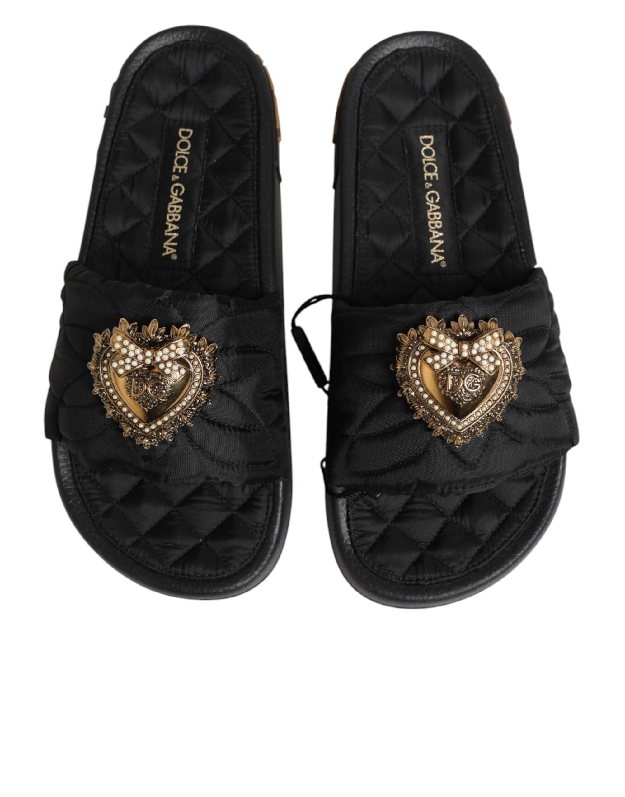 Dolce & Gabbana Black Devotion Matelassé Leather Slides Shoes Dolce & Gabbana