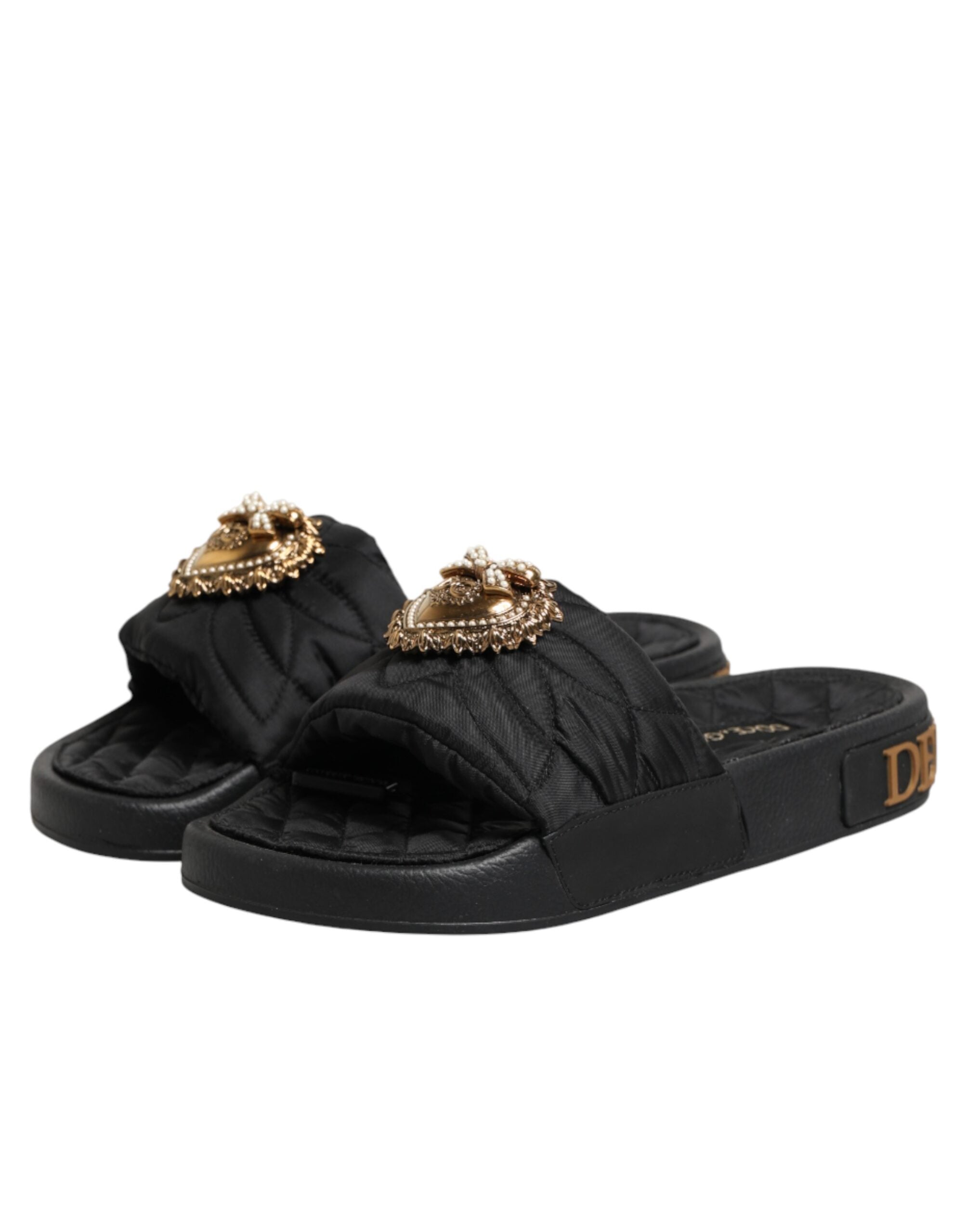 Dolce & Gabbana Black Devotion Matelassé Leather Slides Shoes Dolce & Gabbana