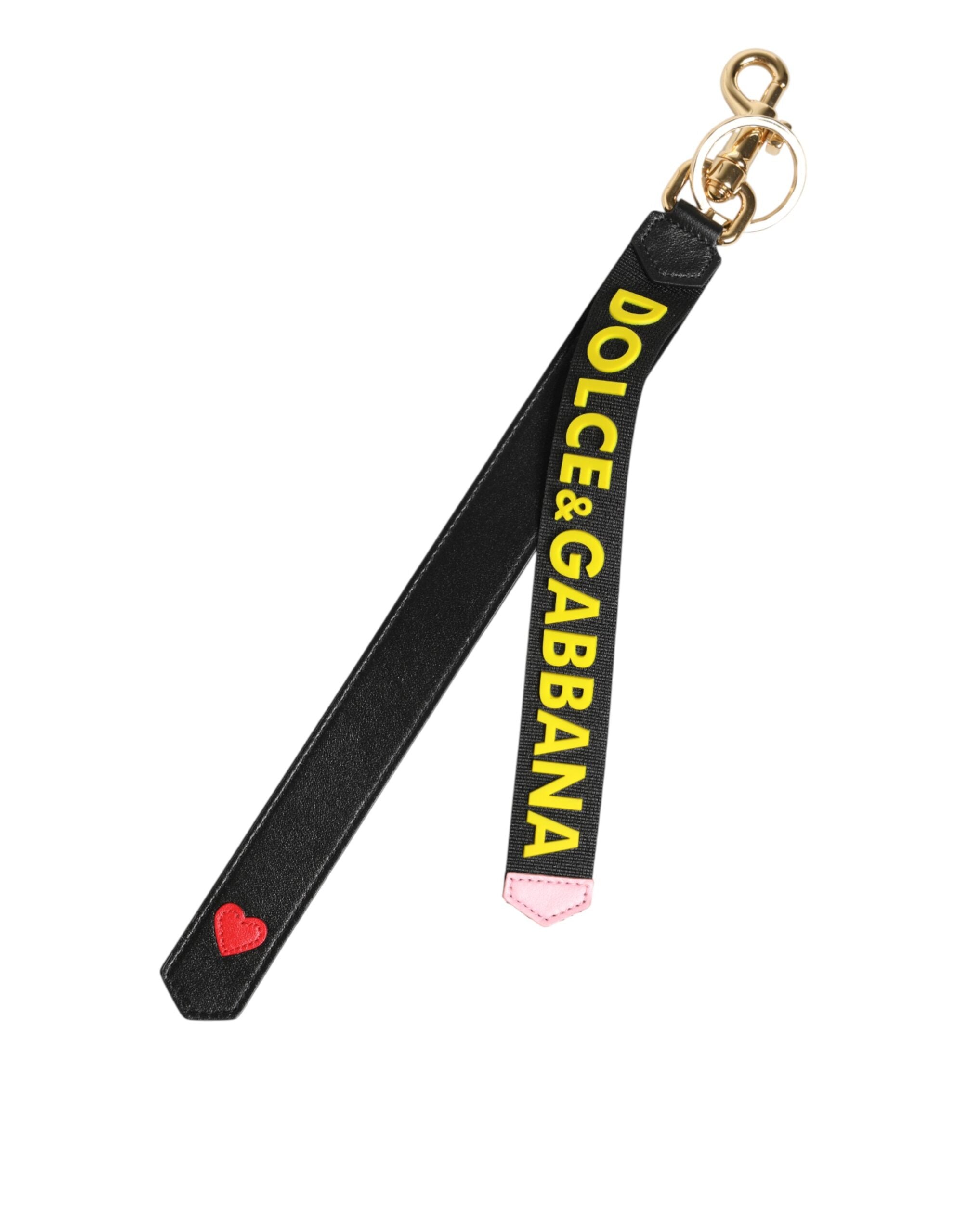Dolce & Gabbana Black Yellow Logo Letaher Brass Holder Keychain Keyring Dolce & Gabbana