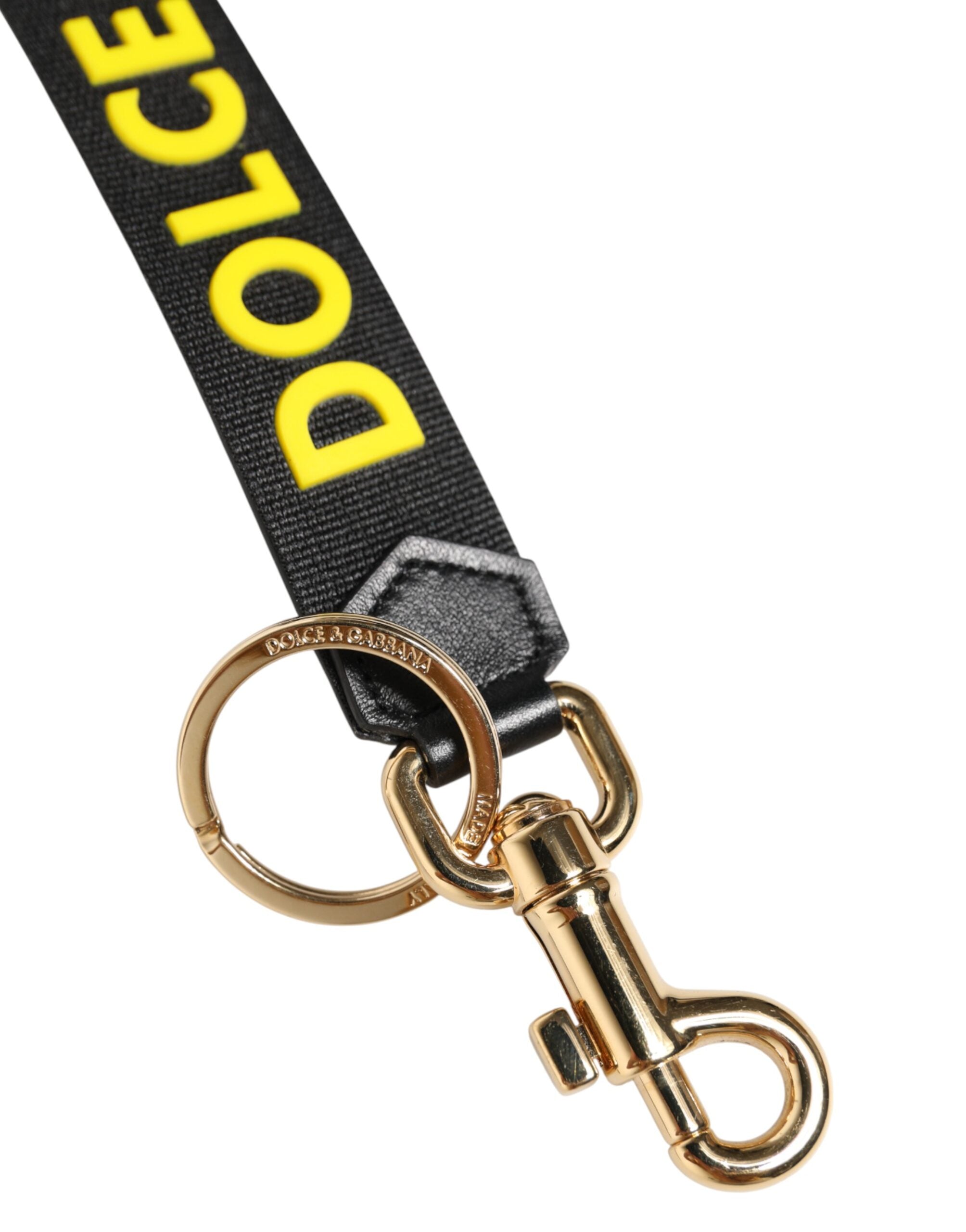 Dolce & Gabbana Black Yellow Logo Letaher Brass Holder Keychain Keyring Dolce & Gabbana