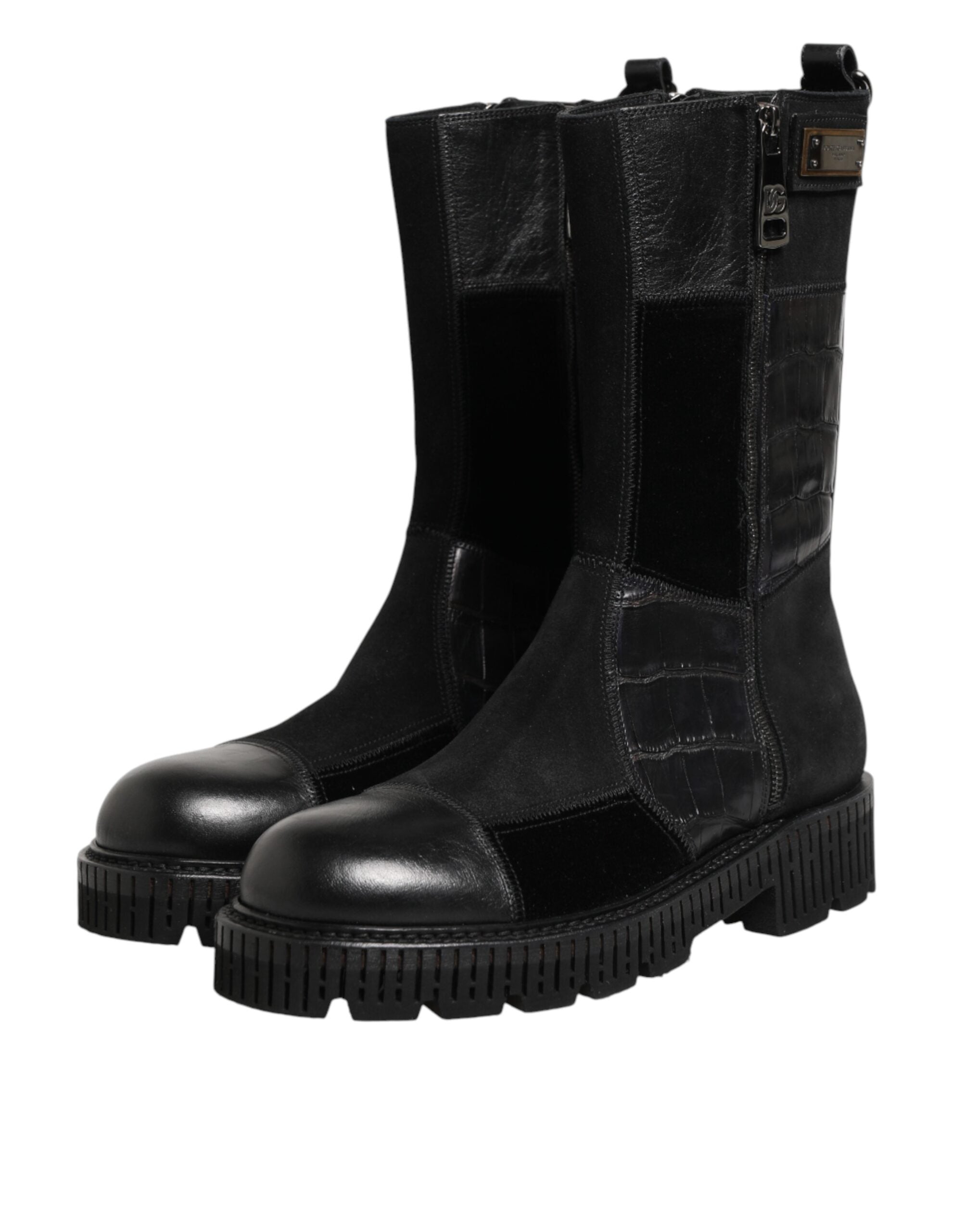 Dolce & Gabbana Black Patchwork Leather Mid Calf Boot Shoes Dolce & Gabbana