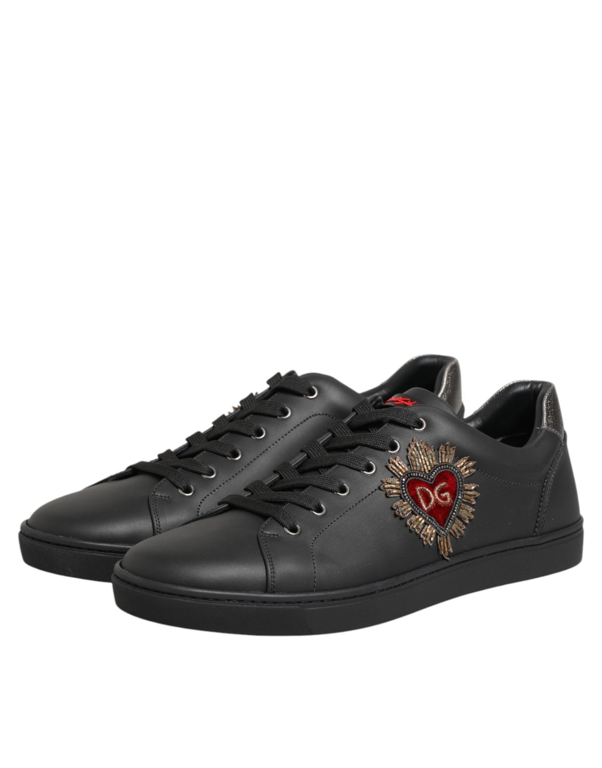 Dolce & Gabbana Black Leather Heart Embellished Sneakers Shoes