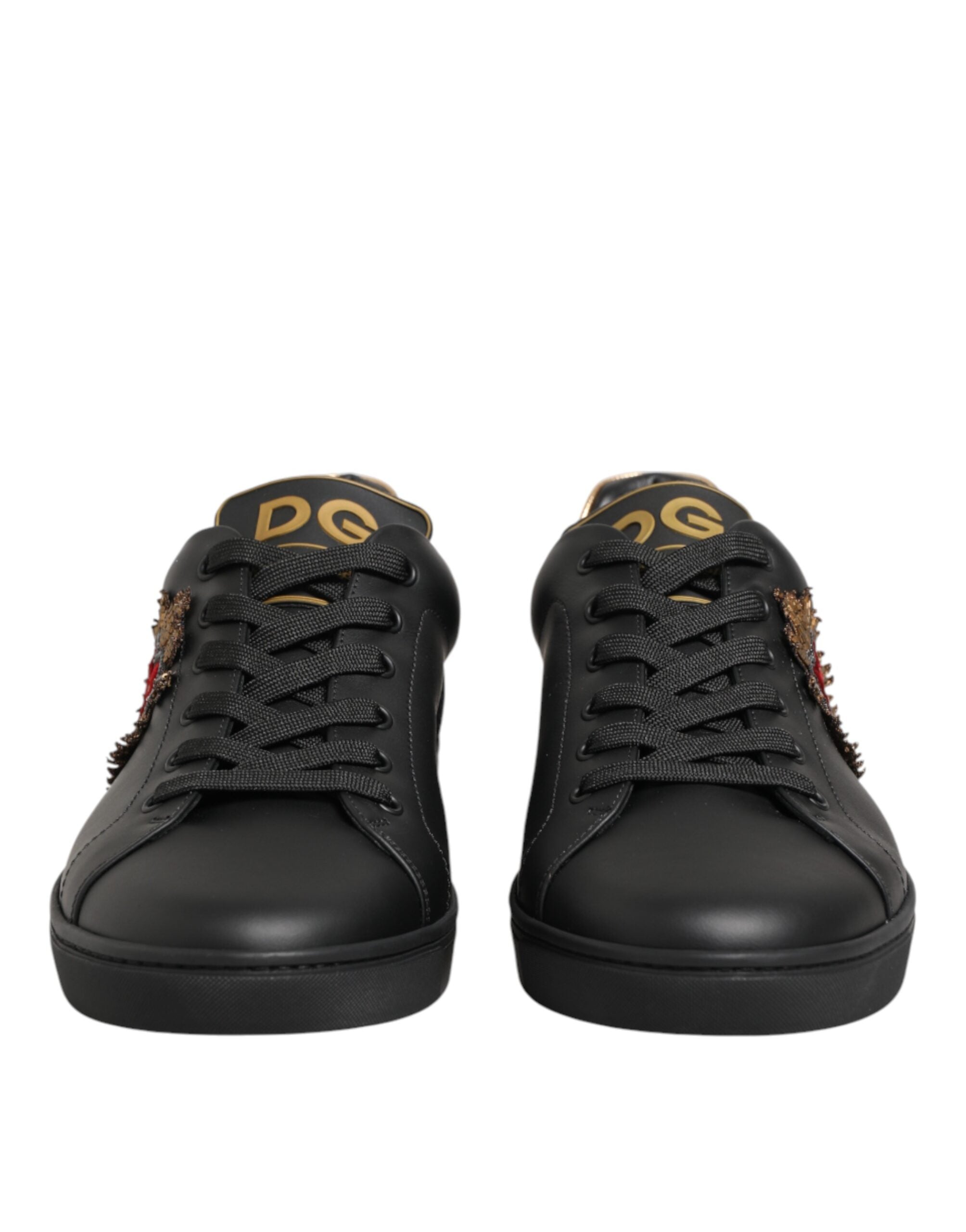 Dolce & Gabbana Black Leather Heart Embellished Sneakers Shoes Dolce & Gabbana