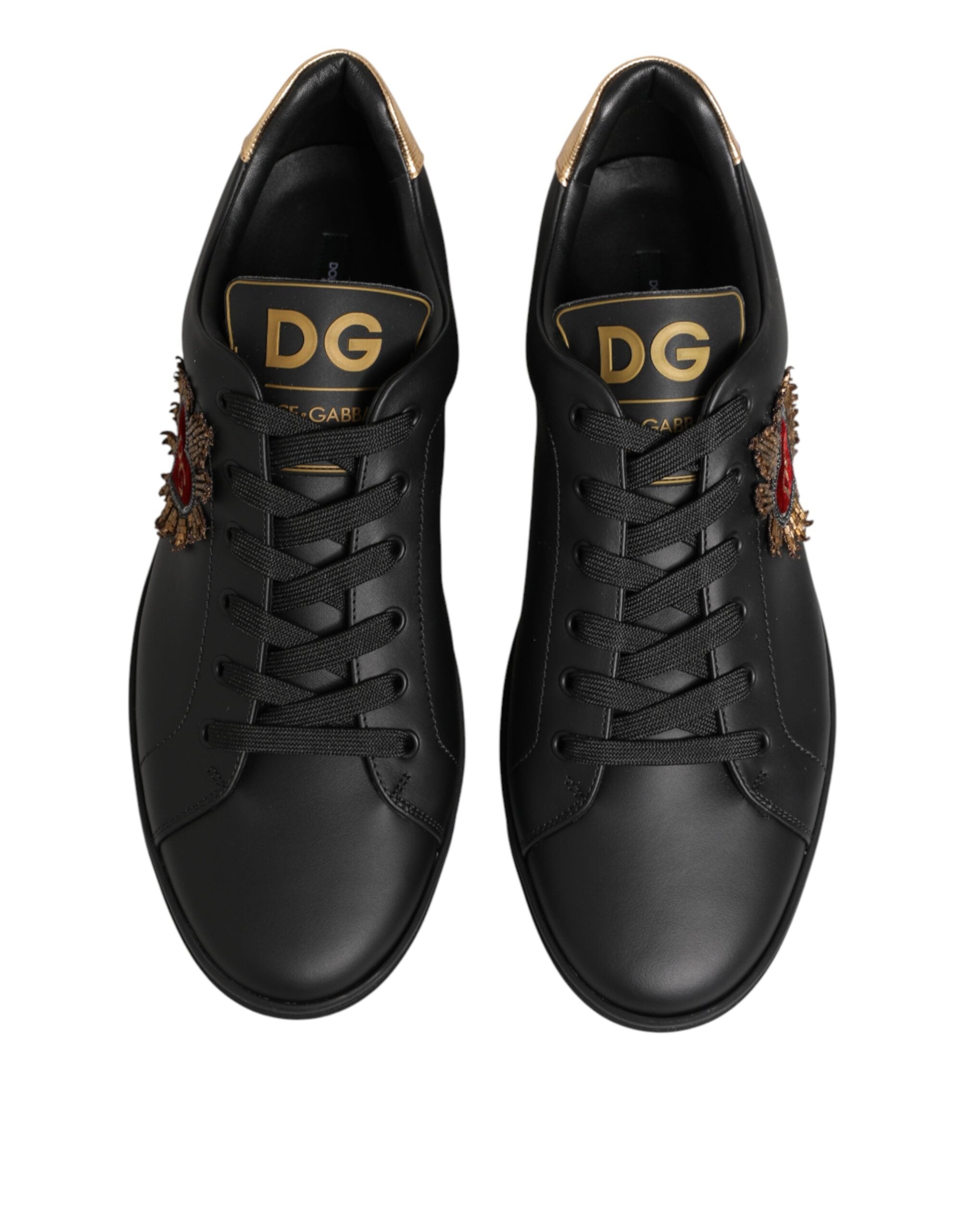 Dolce & Gabbana Black Leather Heart Embellished Sneakers Shoes Dolce & Gabbana