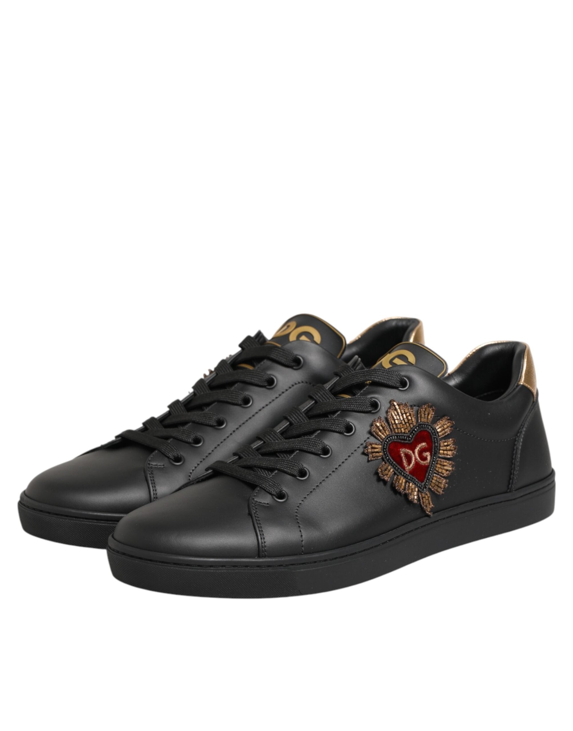 Dolce & Gabbana Black Leather Heart Embellished Sneakers Shoes Dolce & Gabbana