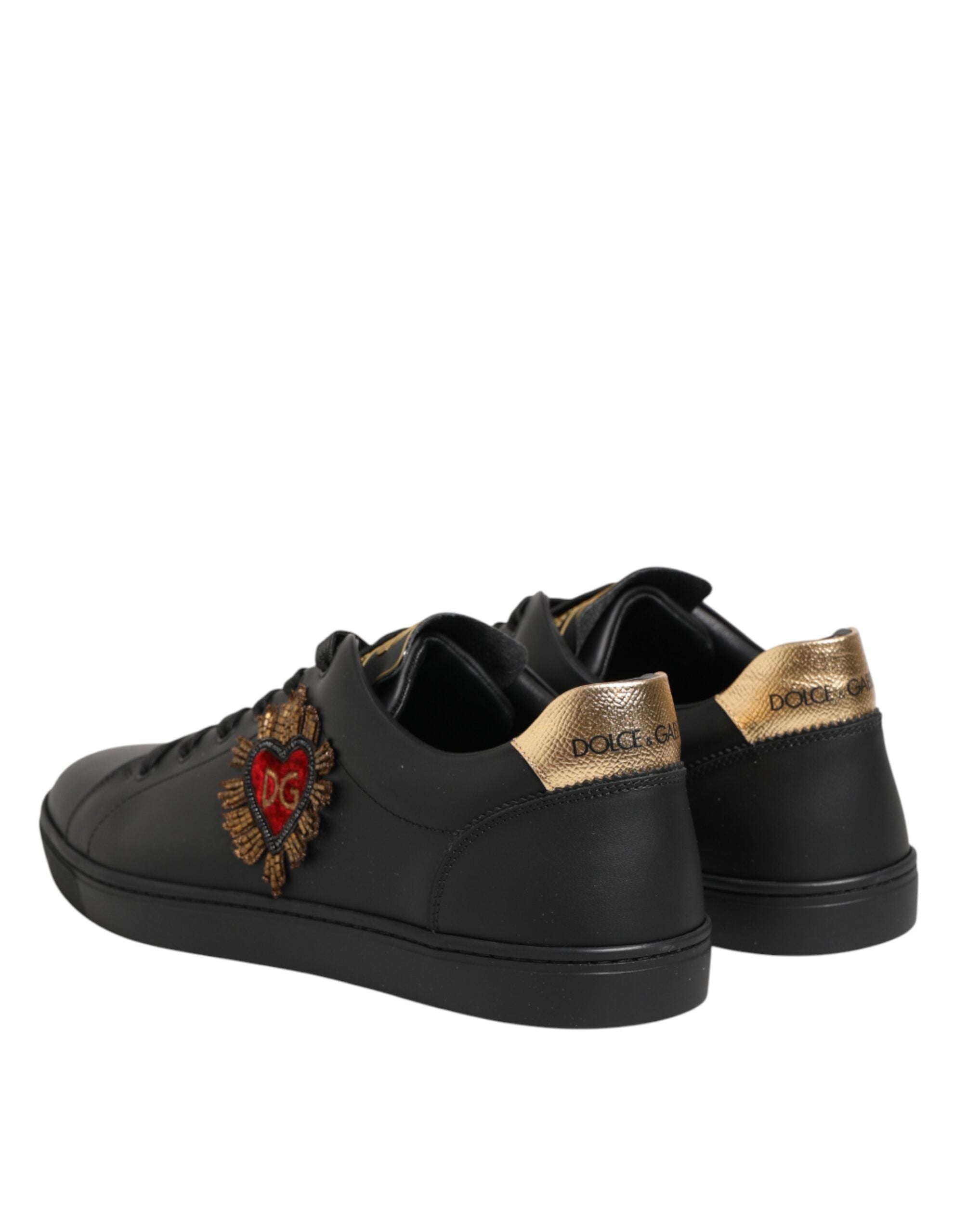 Dolce & Gabbana Black Leather Heart Embellished Sneakers Shoes Dolce & Gabbana