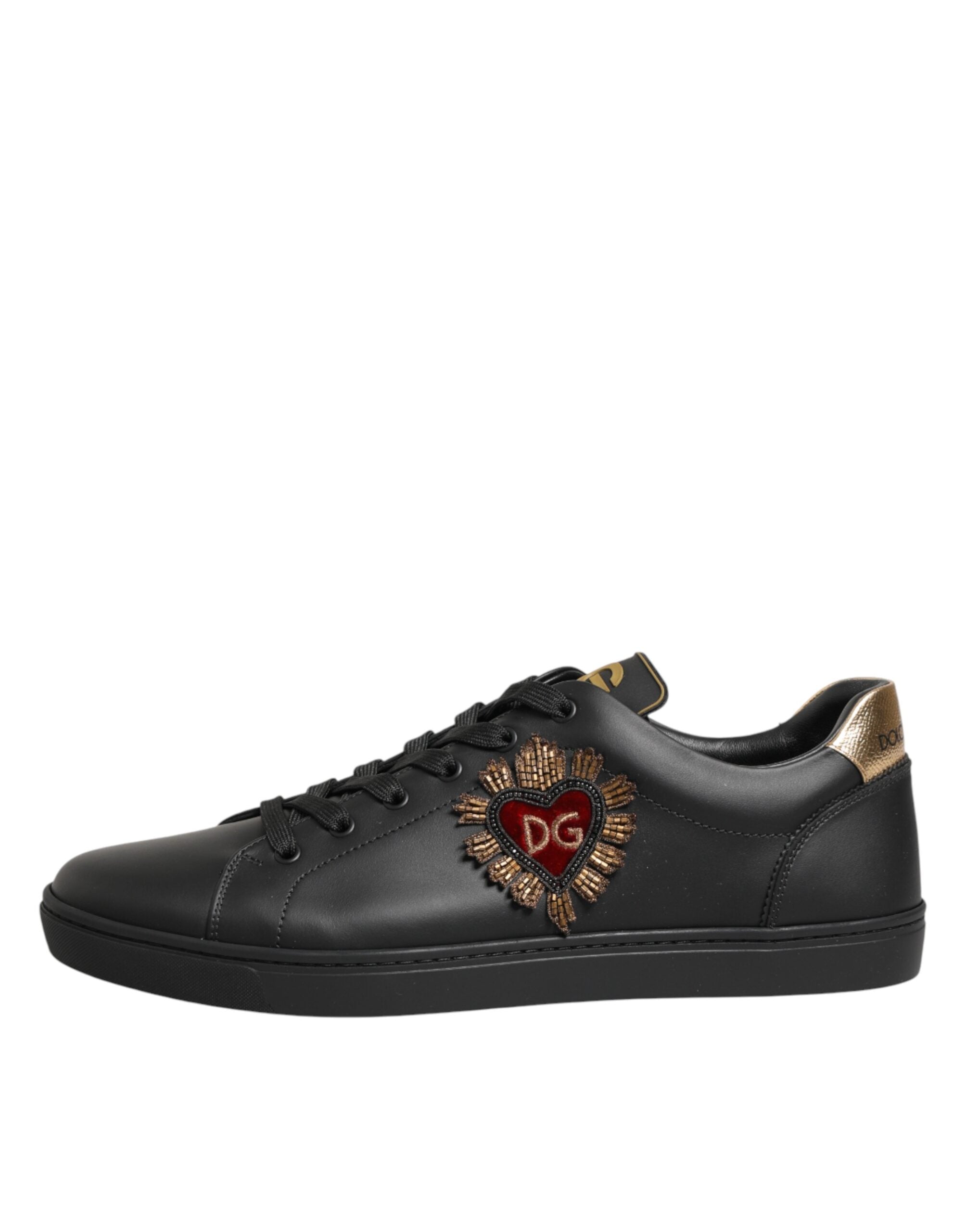 Dolce & Gabbana Black Leather Heart Embellished Sneakers Shoes Dolce & Gabbana