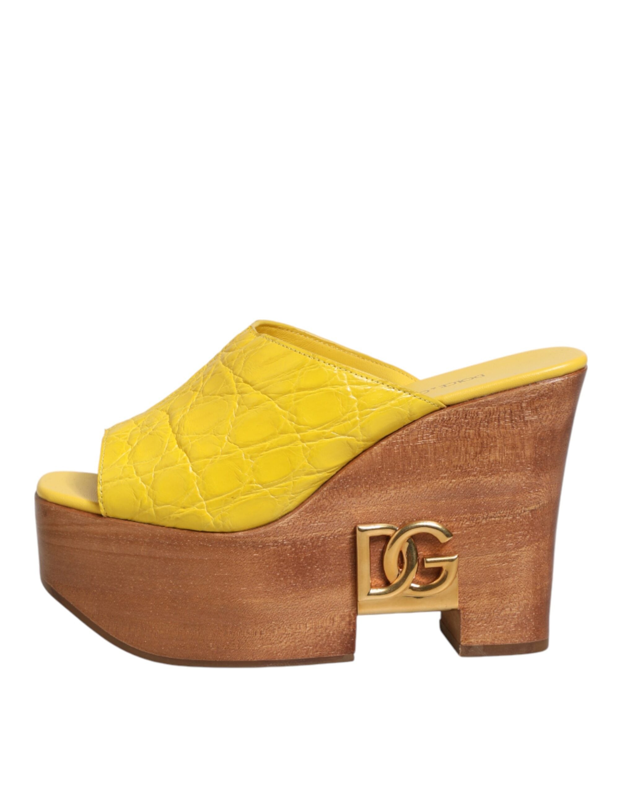 Dolce & Gabbana Yellow Leather Wood Mule Wedge Slides Shoes Dolce & Gabbana