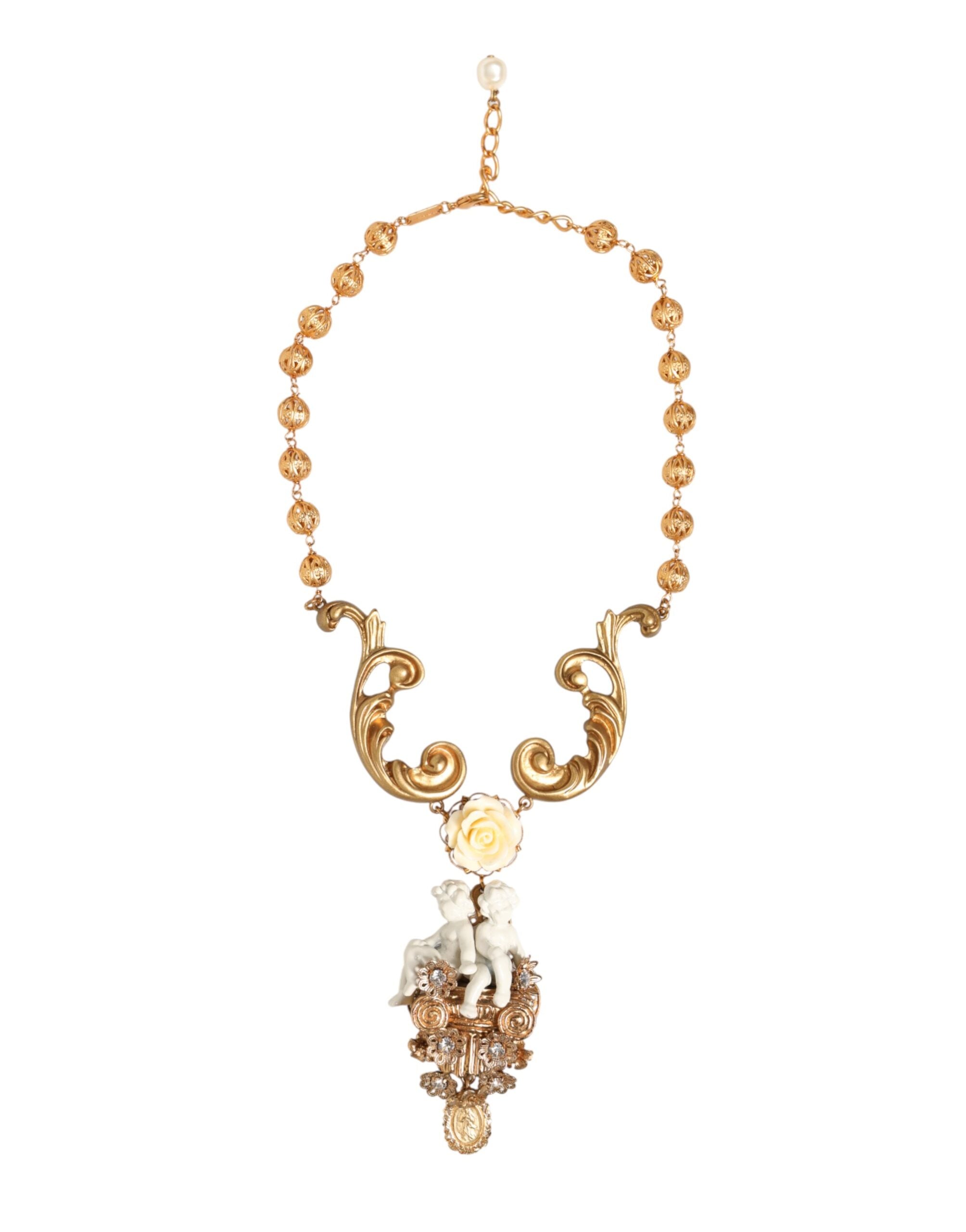 Dolce & Gabbana Gold Ceramic Crystal Cherub Baroque Pendant Necklace Dolce & Gabbana