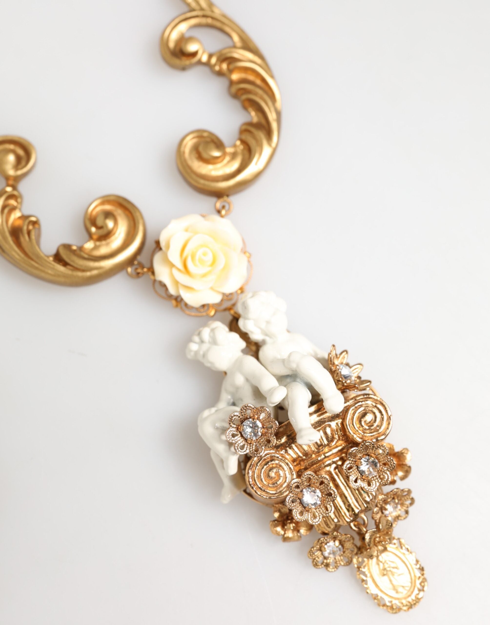Dolce & Gabbana Gold Ceramic Crystal Cherub Baroque Pendant Necklace Dolce & Gabbana