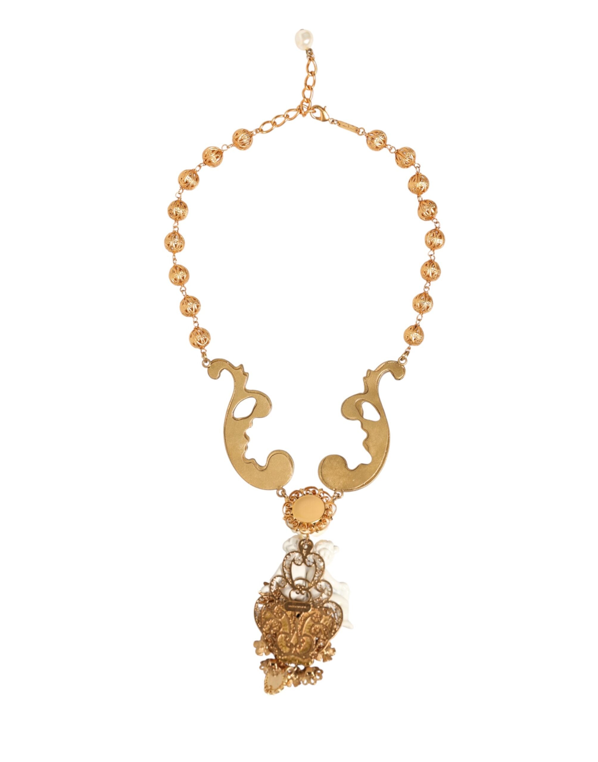 Dolce & Gabbana Gold Ceramic Crystal Cherub Baroque Pendant Necklace Dolce & Gabbana