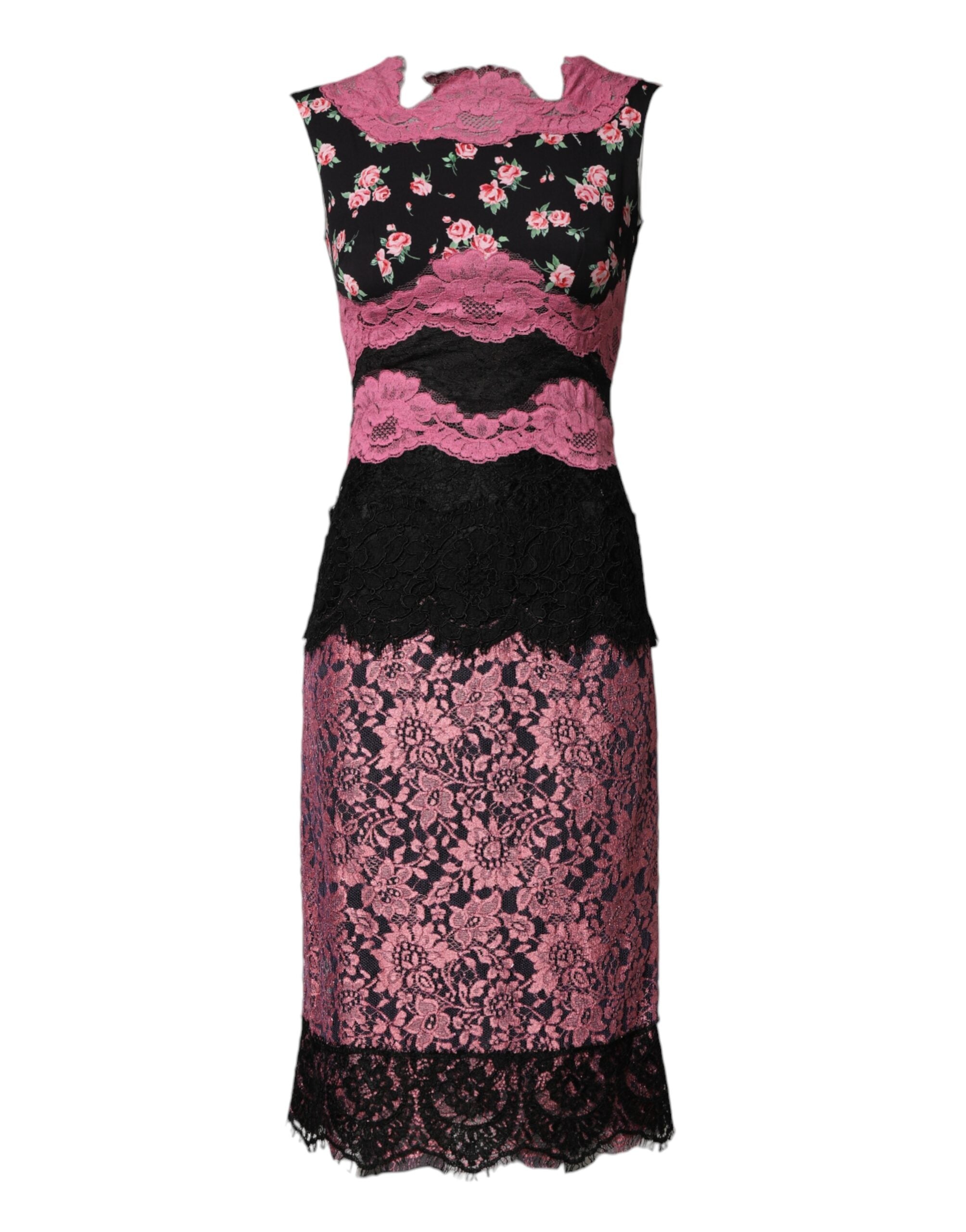 Dolce & Gabbana Black Pink Floral Lace Silk Sheath Dress Dolce & Gabbana