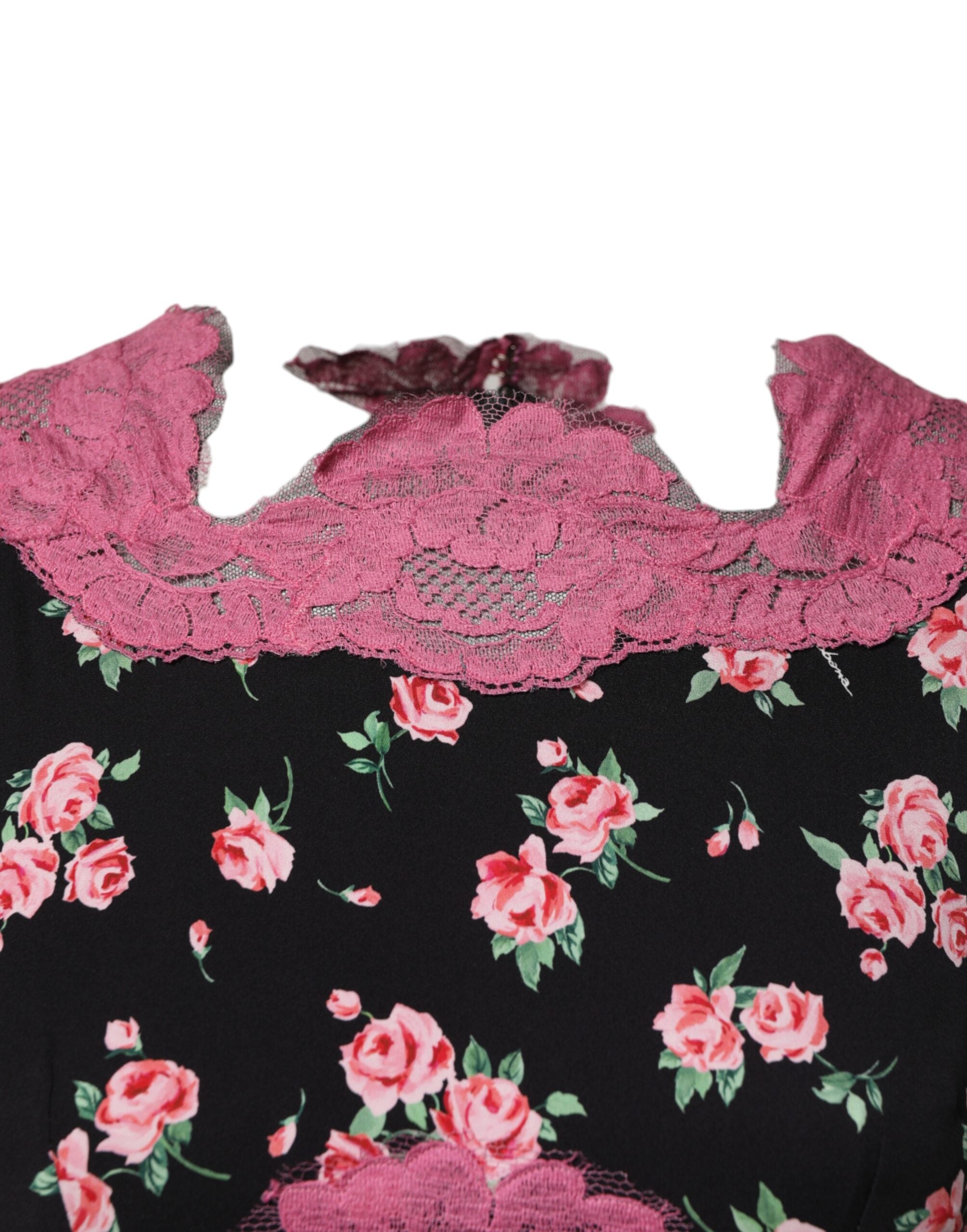 Dolce & Gabbana Black Pink Floral Lace Silk Sheath Dress Dolce & Gabbana