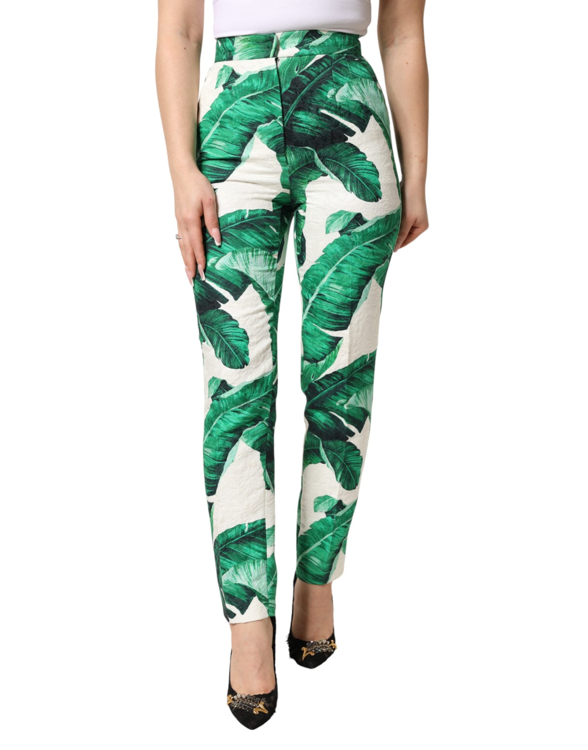 Dolce & Gabbana White Green Leaf High Waist Trousers Pants Dolce & Gabbana