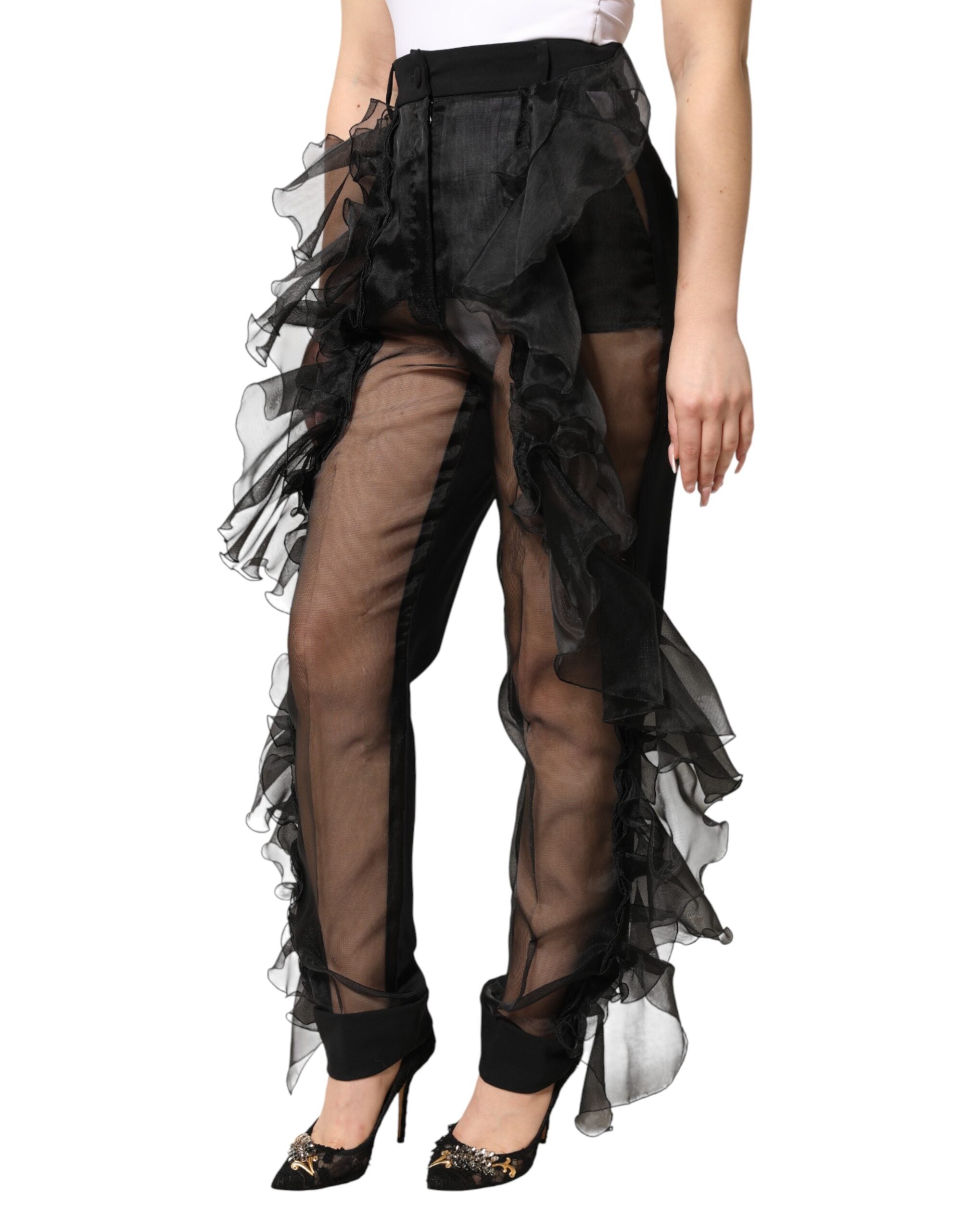 Dolce & Gabbana Black High Waist Tulle Wool Trouser Pants Dolce & Gabbana