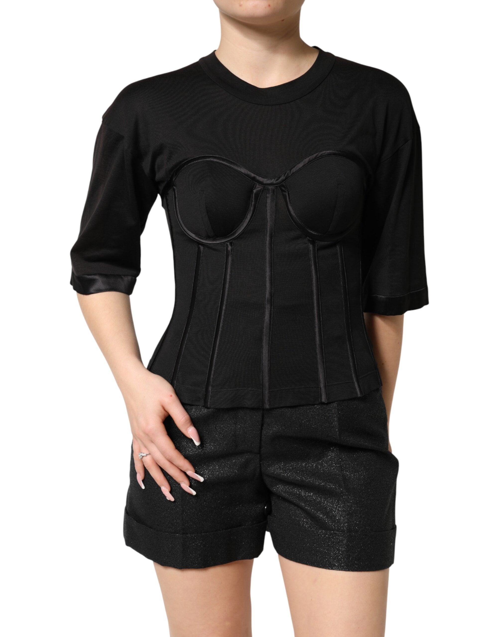Dolce & Gabbana Black Cotton Bustier Corset Short Sleeves T-shirt Dolce & Gabbana