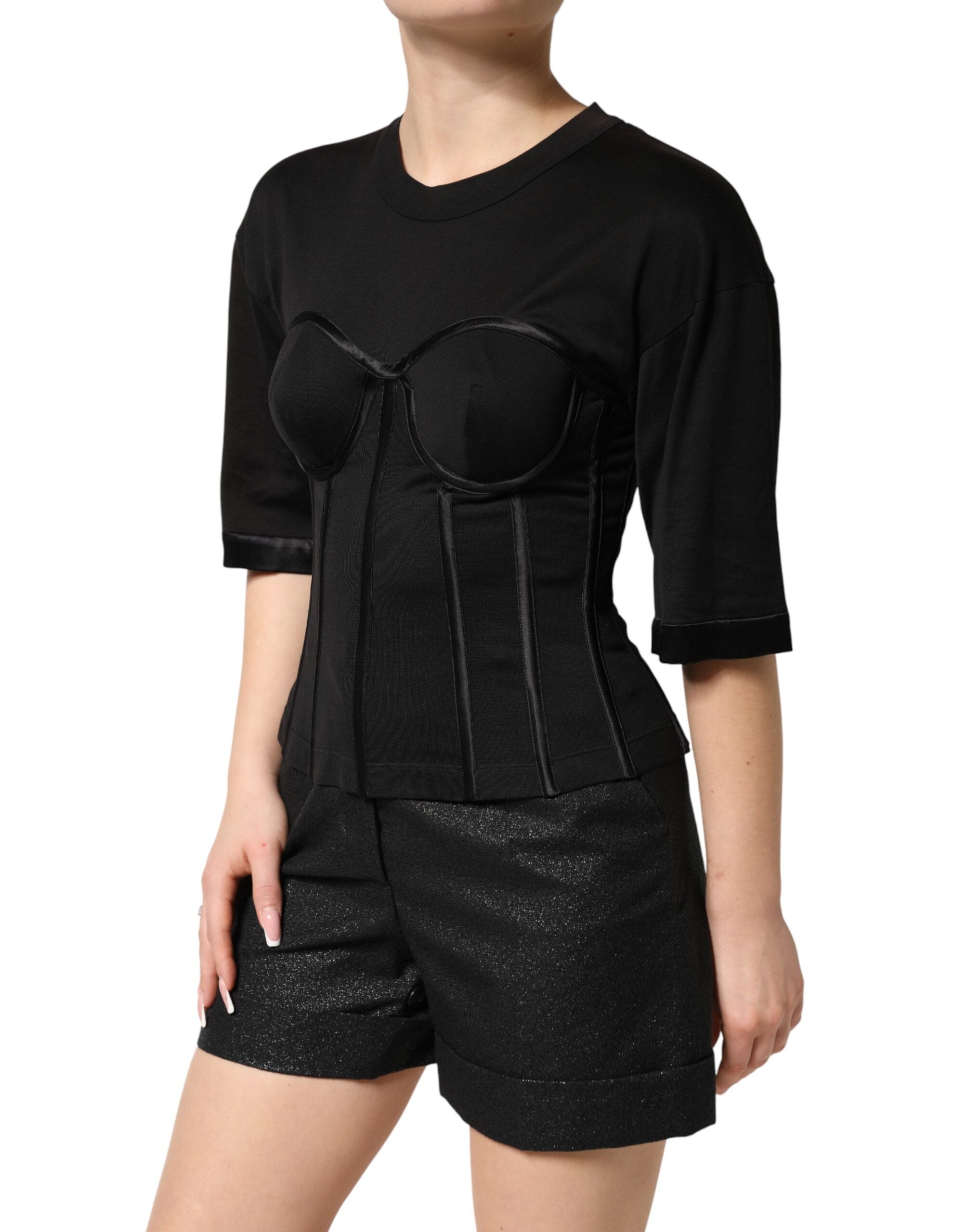Dolce & Gabbana Black Cotton Bustier Corset Short Sleeves T-shirt Dolce & Gabbana