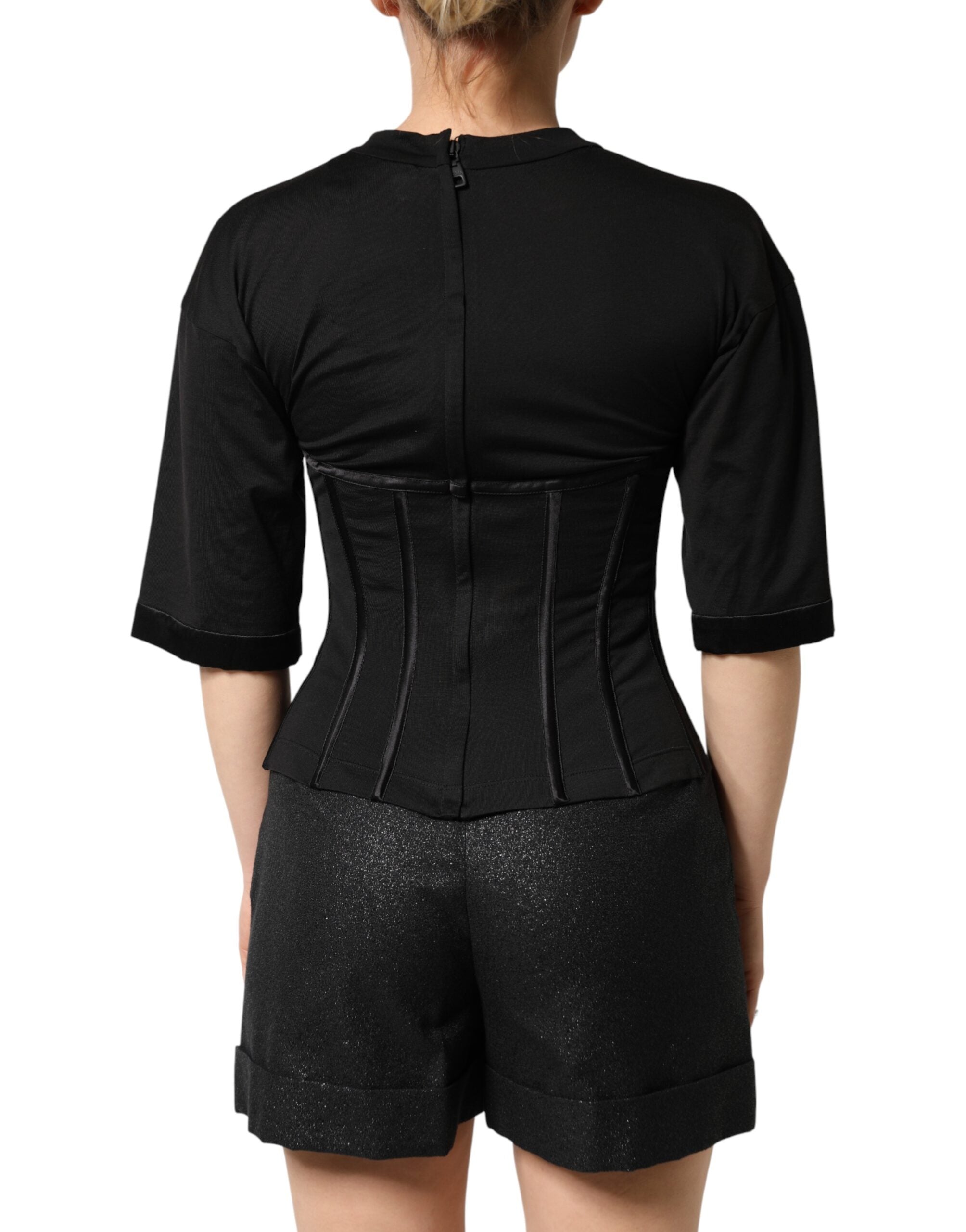 Dolce & Gabbana Black Cotton Bustier Corset Short Sleeves T-shirt Dolce & Gabbana