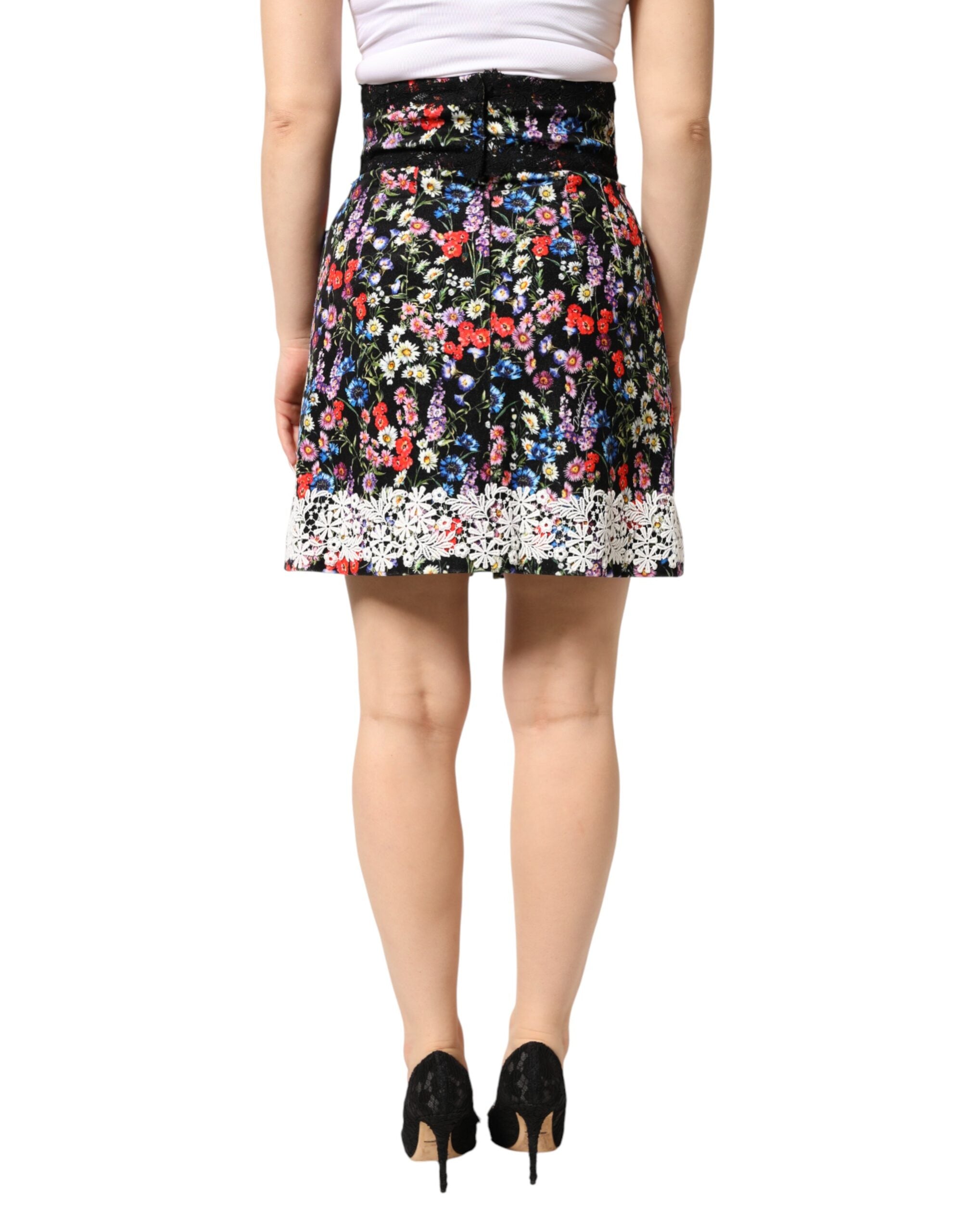 Dolce & Gabbana Black Floral Lace Cotton HighWaist Mini Skirt Dolce & Gabbana