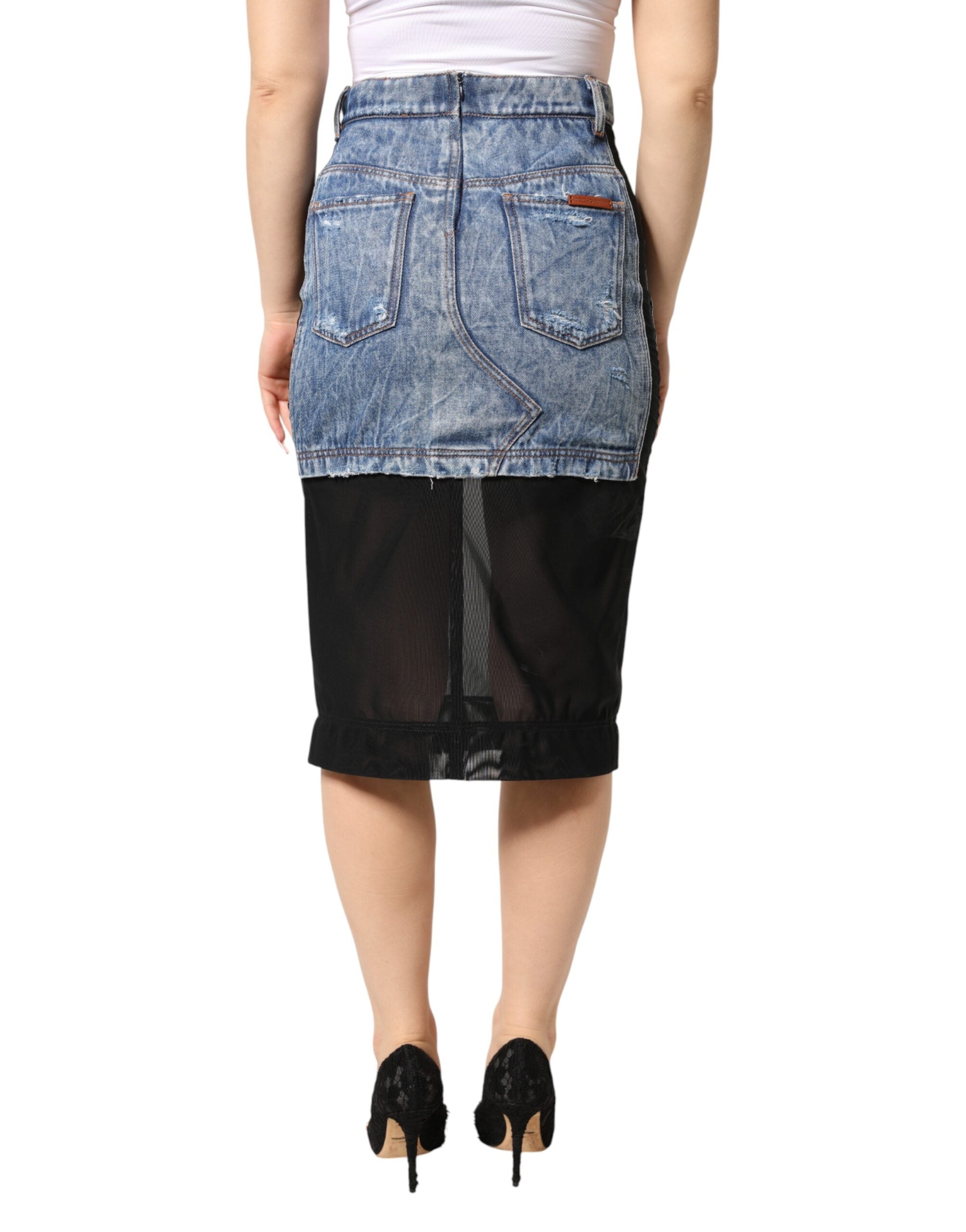 Dolce & Gabbana Blue Black Cotton Denim Sheer Midi Skirt Dolce & Gabbana