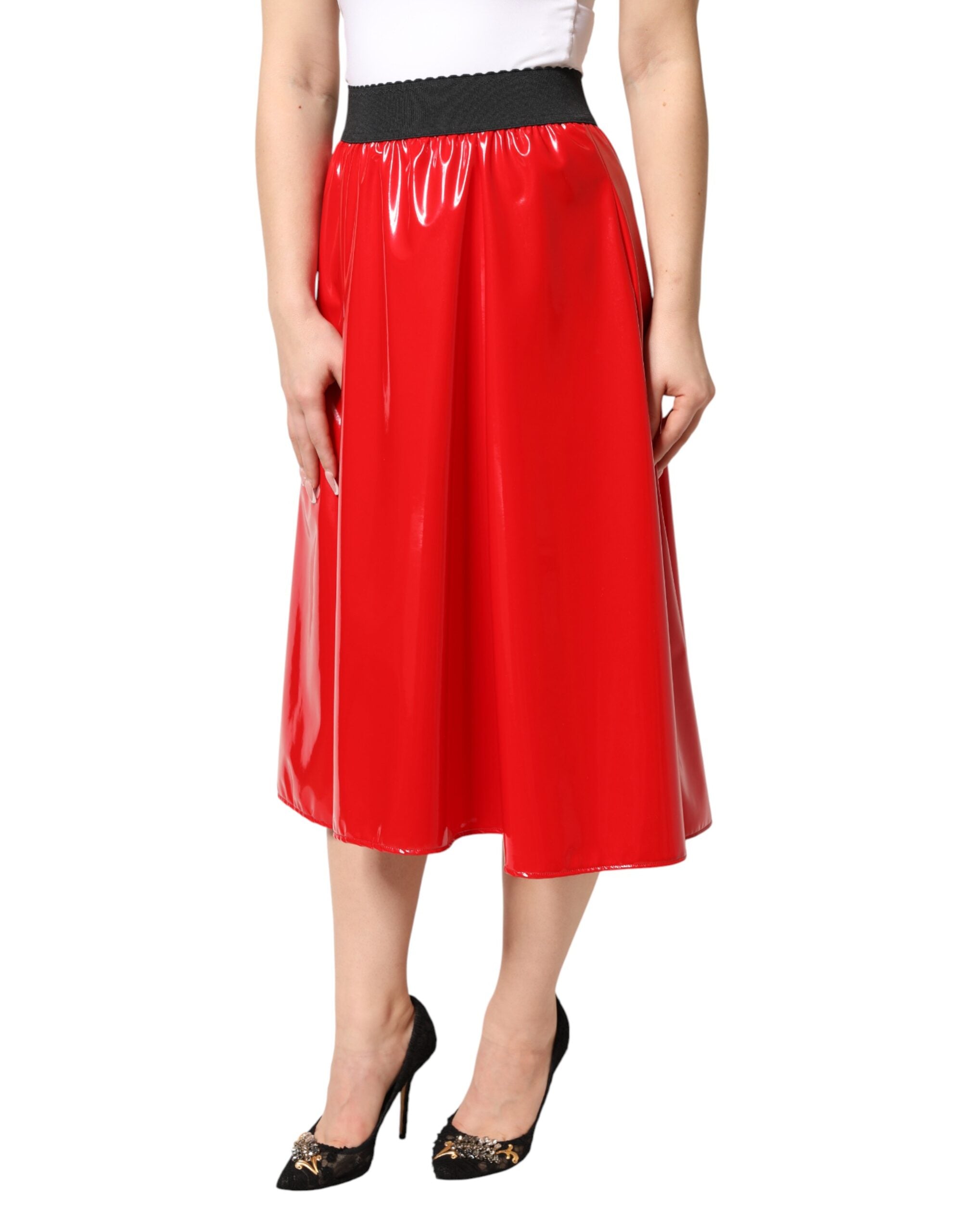 Dolce & Gabbana Glossy Red Polyester High Waist Midi Skirt Dolce & Gabbana