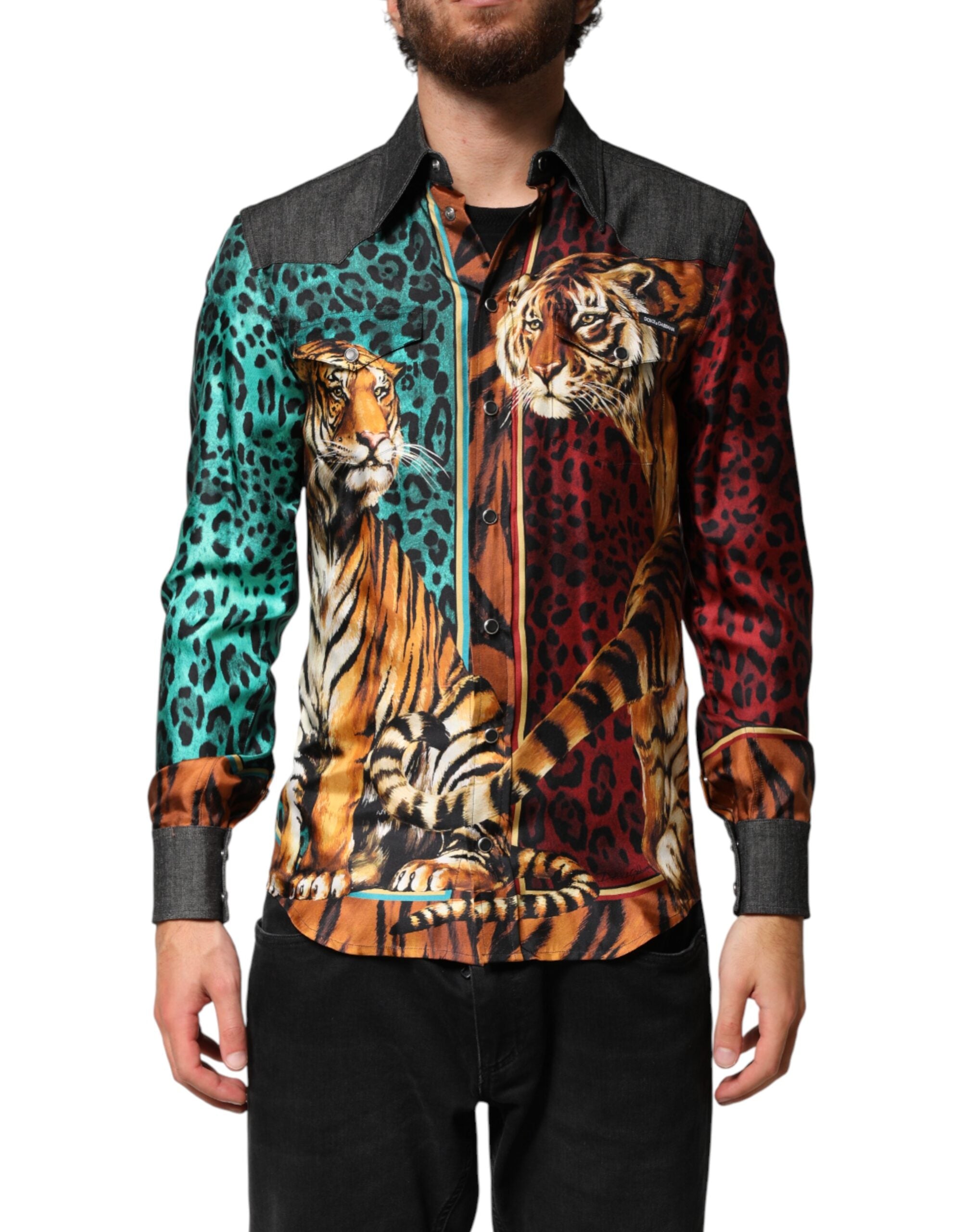 Dolce & Gabbana Multicolor Tiger Leopard Print Silk Men Shirt Dolce & Gabbana