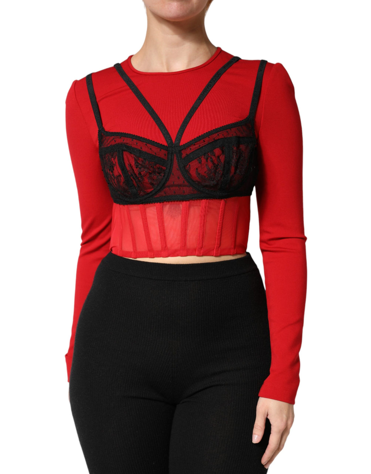 Dolce & Gabbana Red Black Nylon Bralette-Style Cropped Top