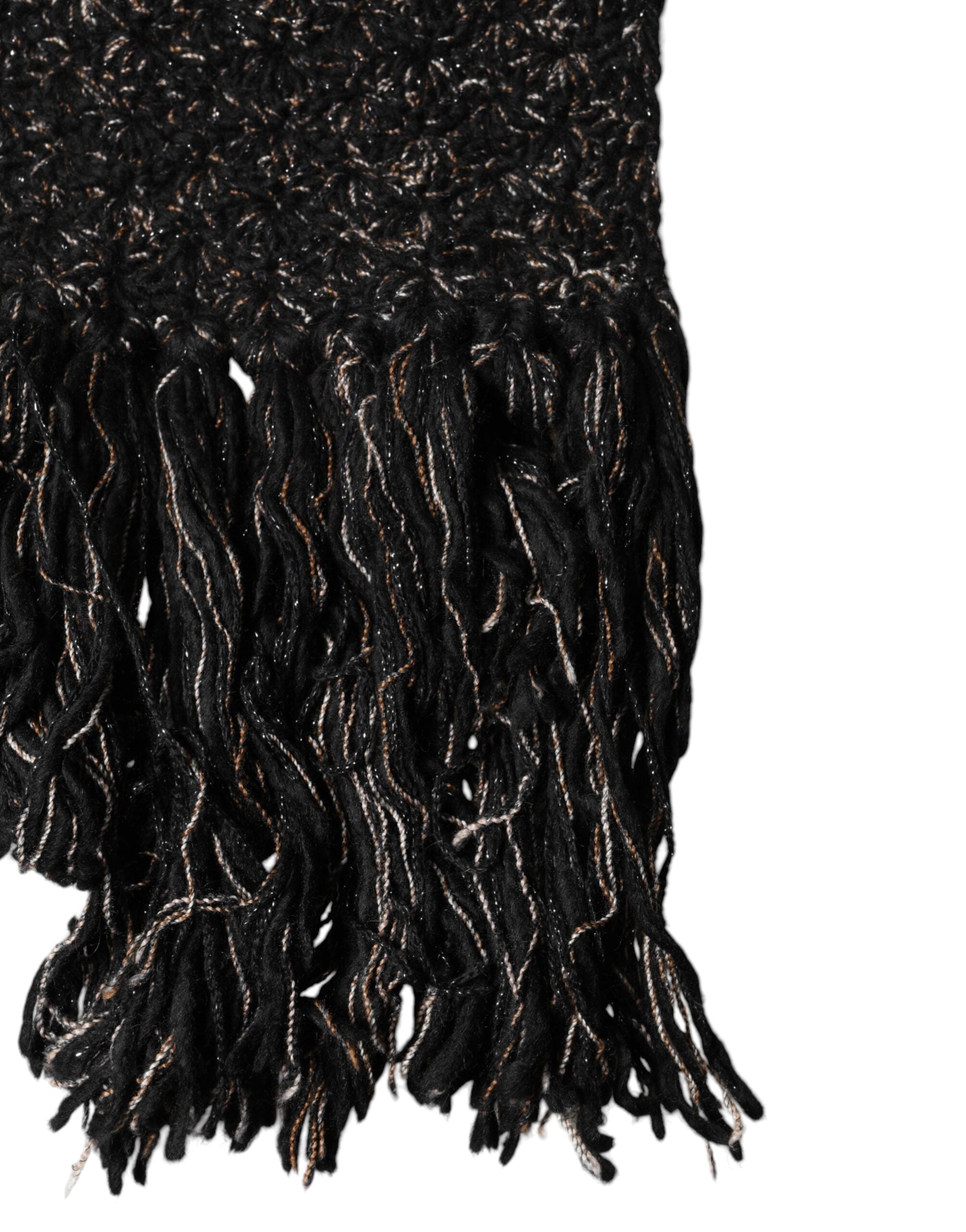 Dolce & Gabbana Black Wool Fringes Neck Wrap Foulard Scarf Dolce & Gabbana