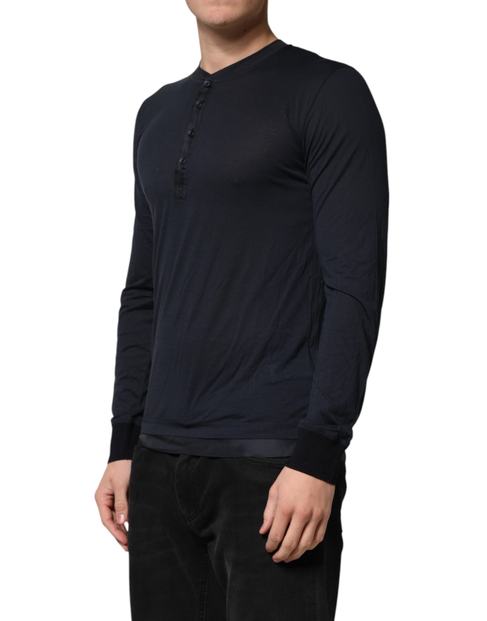 Dolce & Gabbana Dark Blue Cotton Henley Long Sleeves T-Shirt Dolce & Gabbana