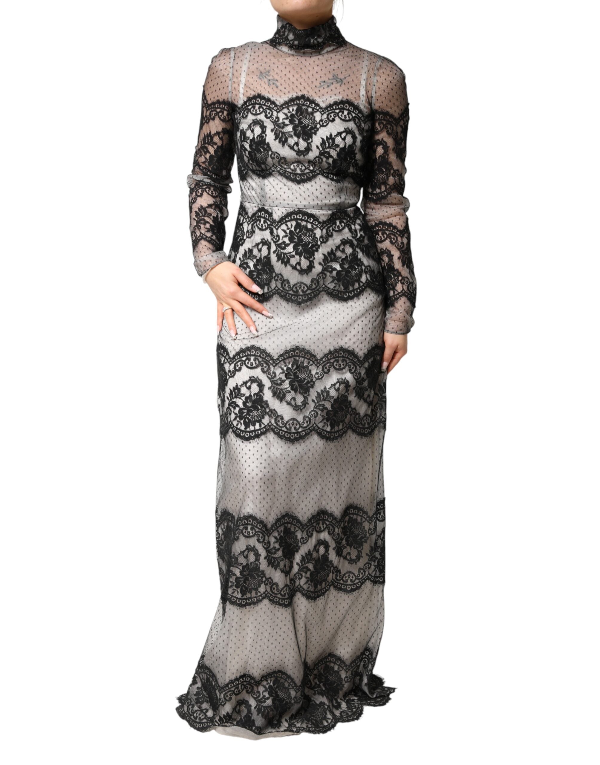 Dolce & Gabbana Black White Lace Silk Blend MaxiSheath Dress Dolce & Gabbana