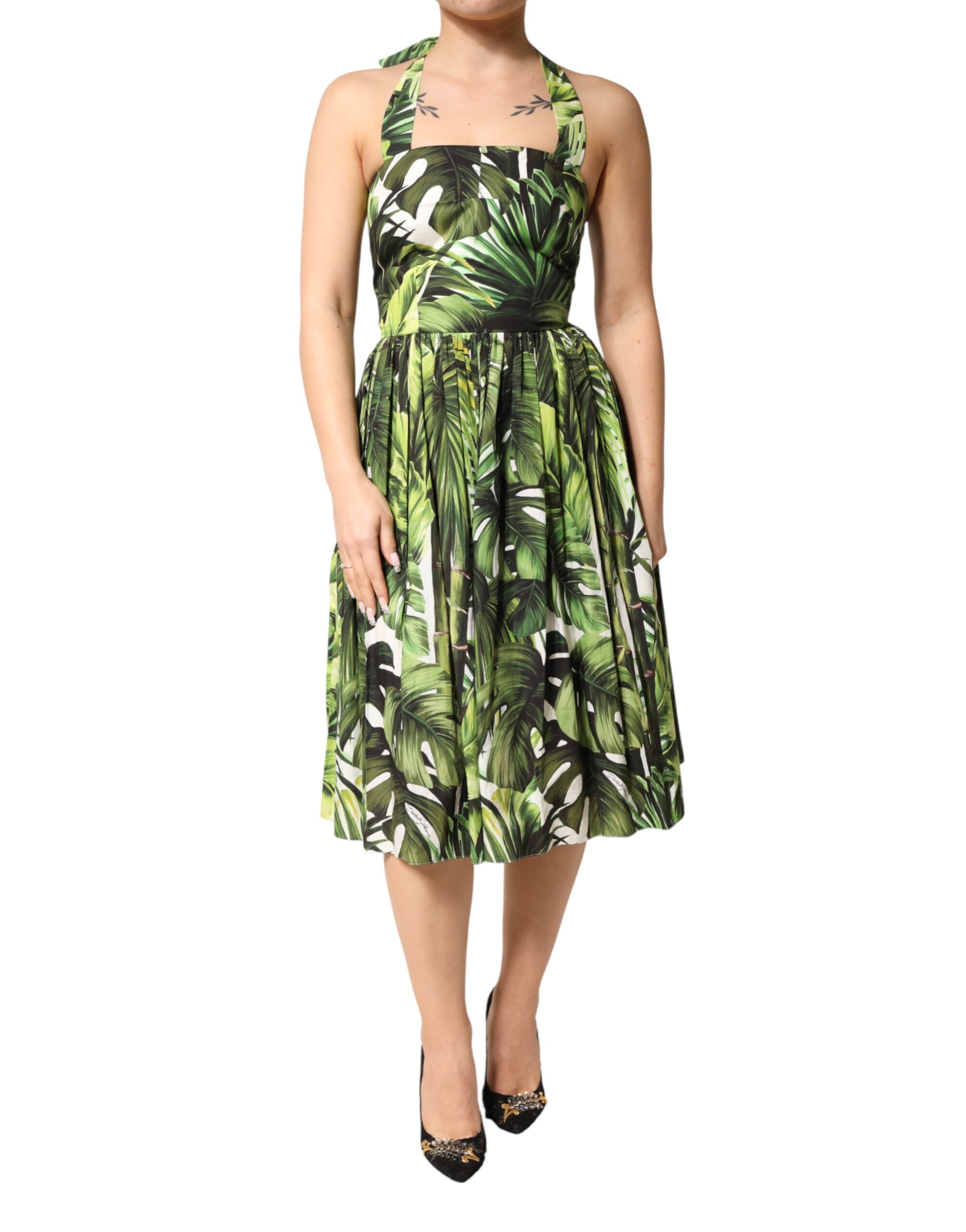 Dolce & Gabbana Green Leaves Print Cotton Halter Midi Dress Dolce & Gabbana