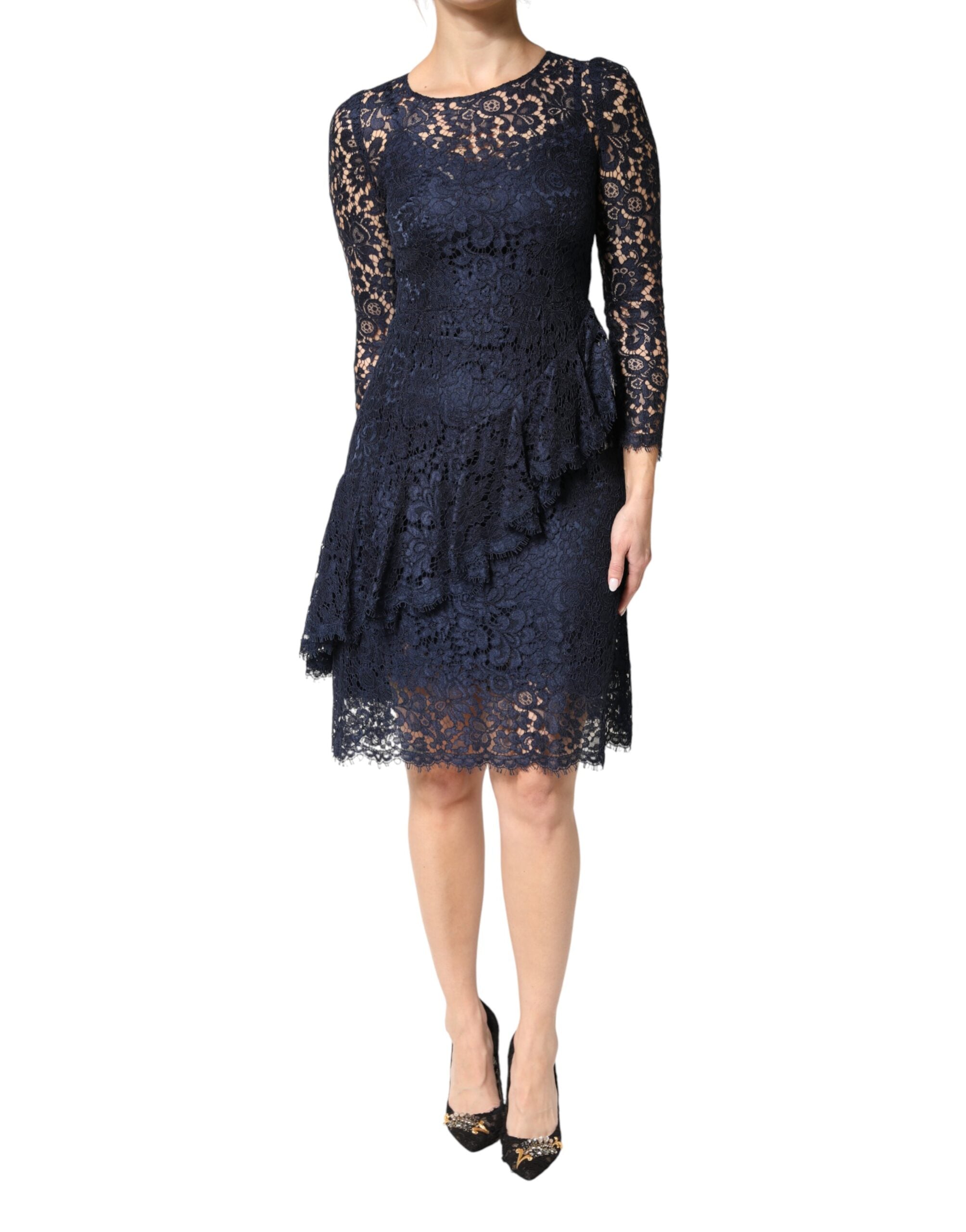Dolce & Gabbana Blue Lace Ruffle A-line Knee Length Dress Dolce & Gabbana