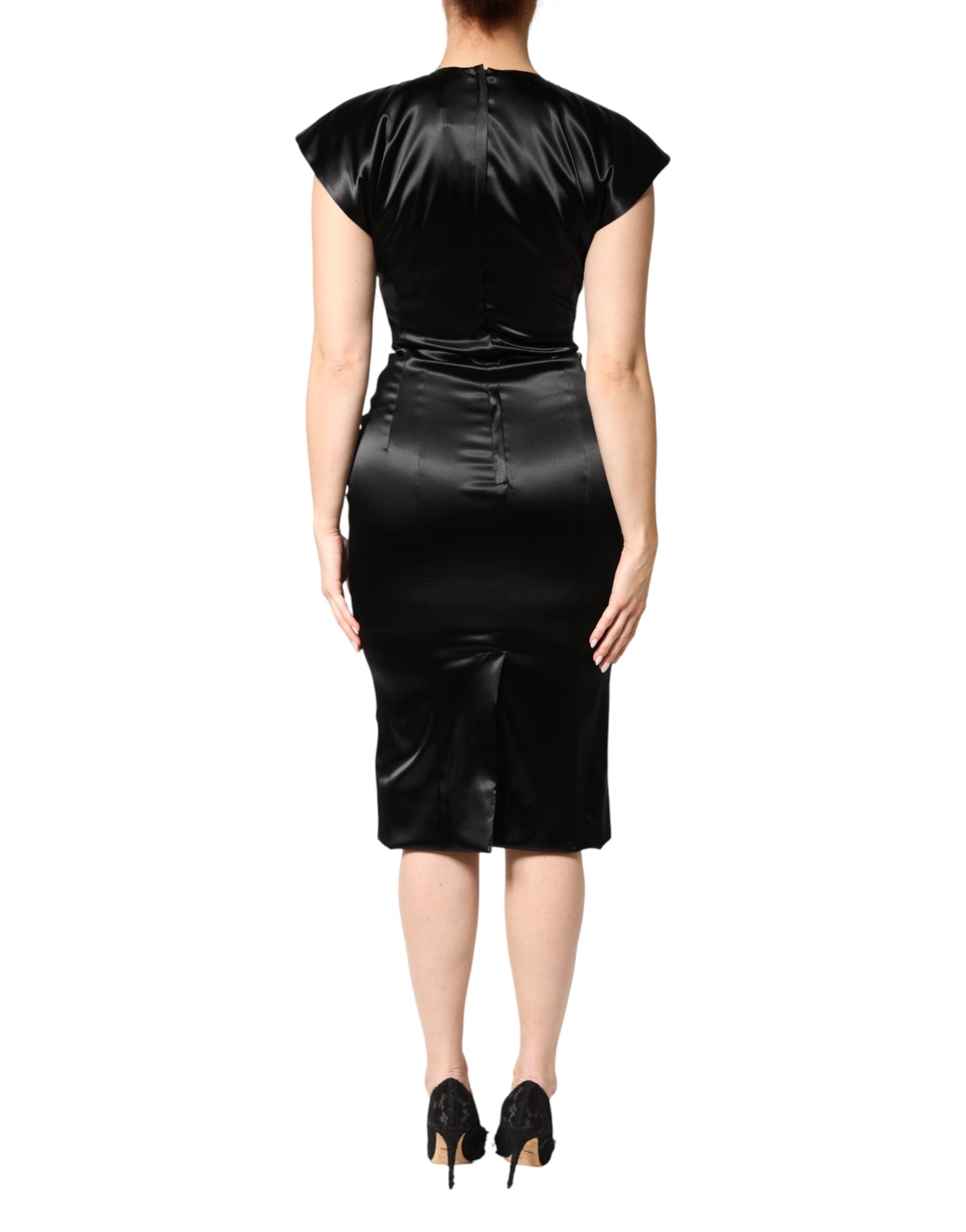 Dolce & Gabbana Black Satin Sheath Midi Cap Sleeves Dress Dolce & Gabbana