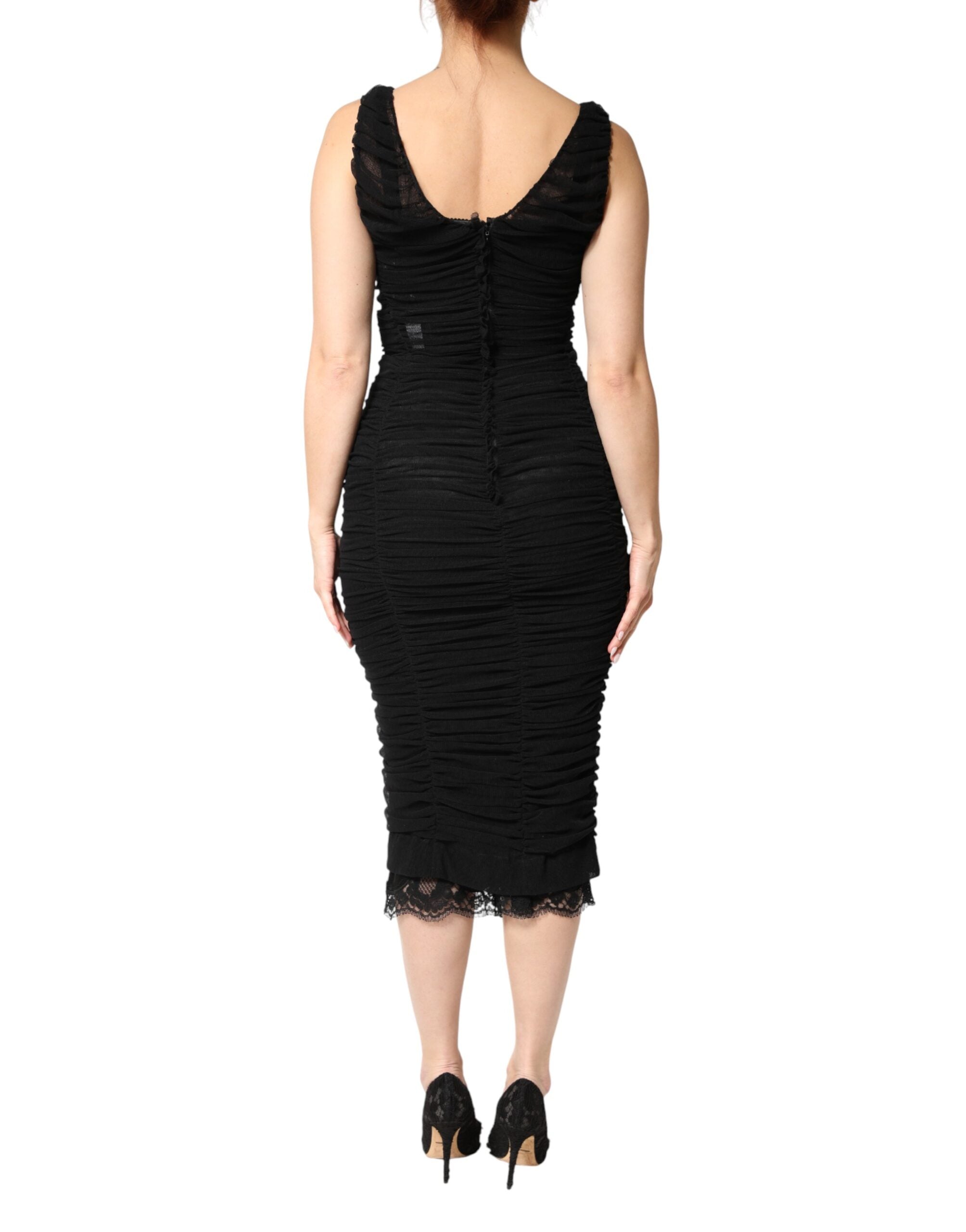Dolce & Gabbana Black V-Neck Ruched Lace Hem Midi Dress Dolce & Gabbana