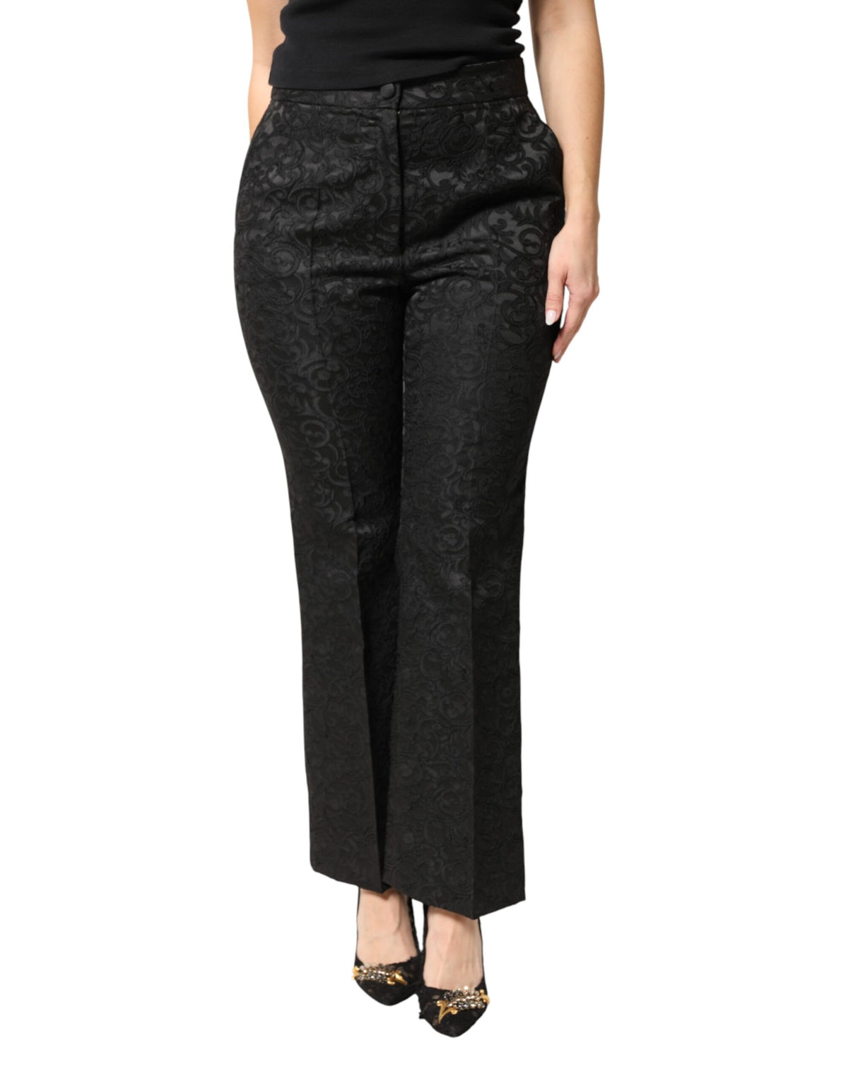 Dolce & Gabbana Black Floral Brocade High Waisted Trouser Pants