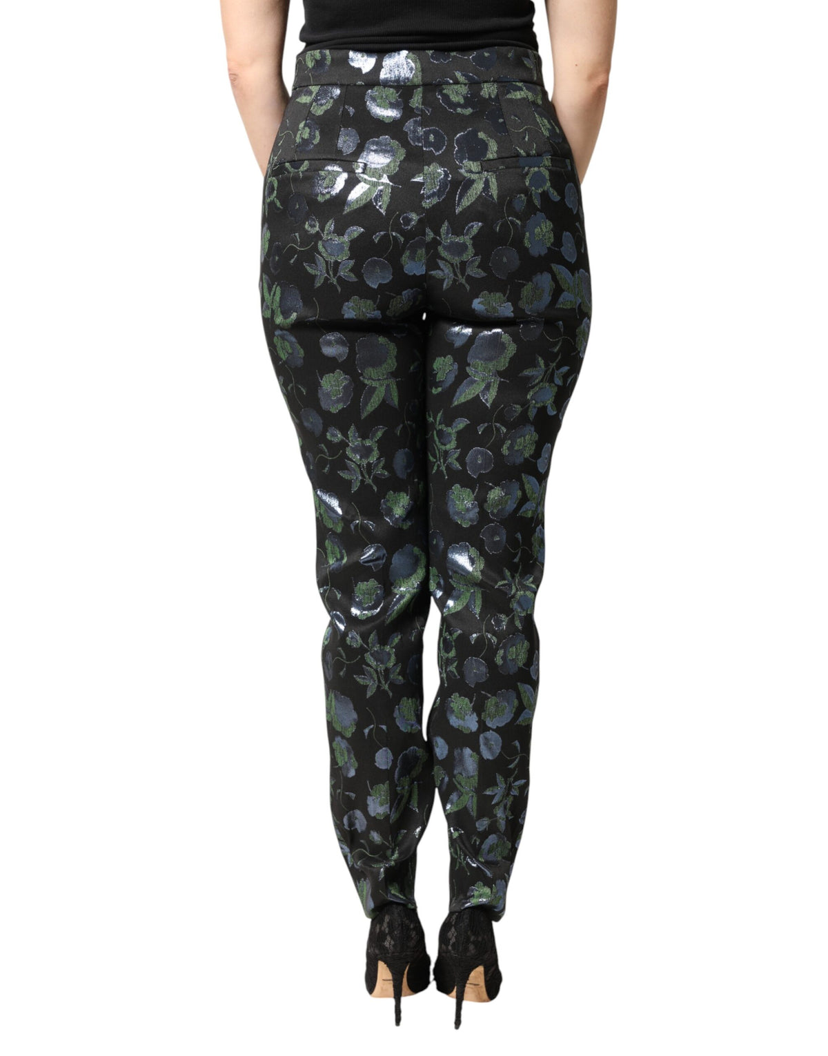 Dolce & Gabbana BlueGreen Floral Metallic Slim Trouser Pants