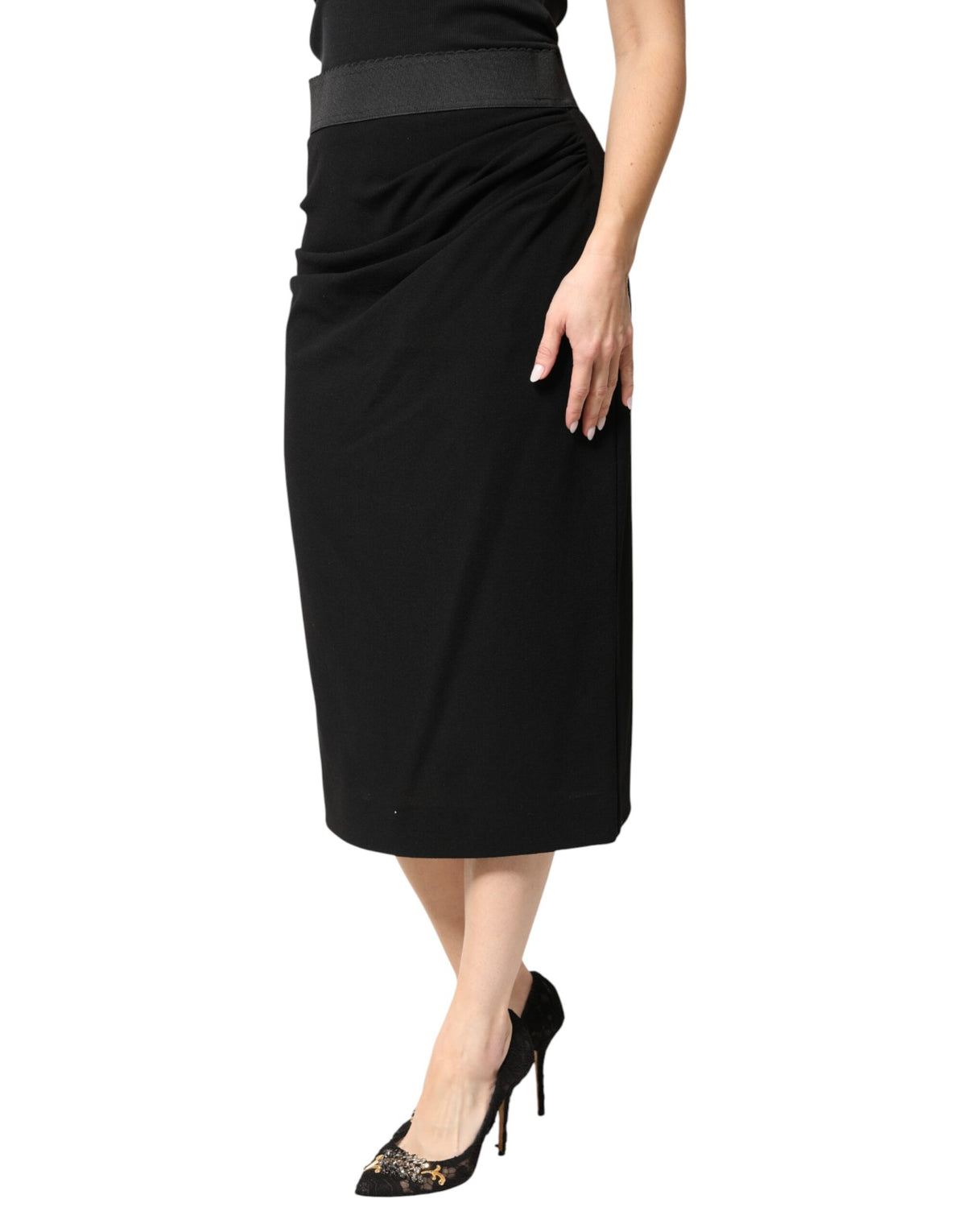 Dolce & Gabbana Black Wool High Waist Pencil Cut Midi Skirt
