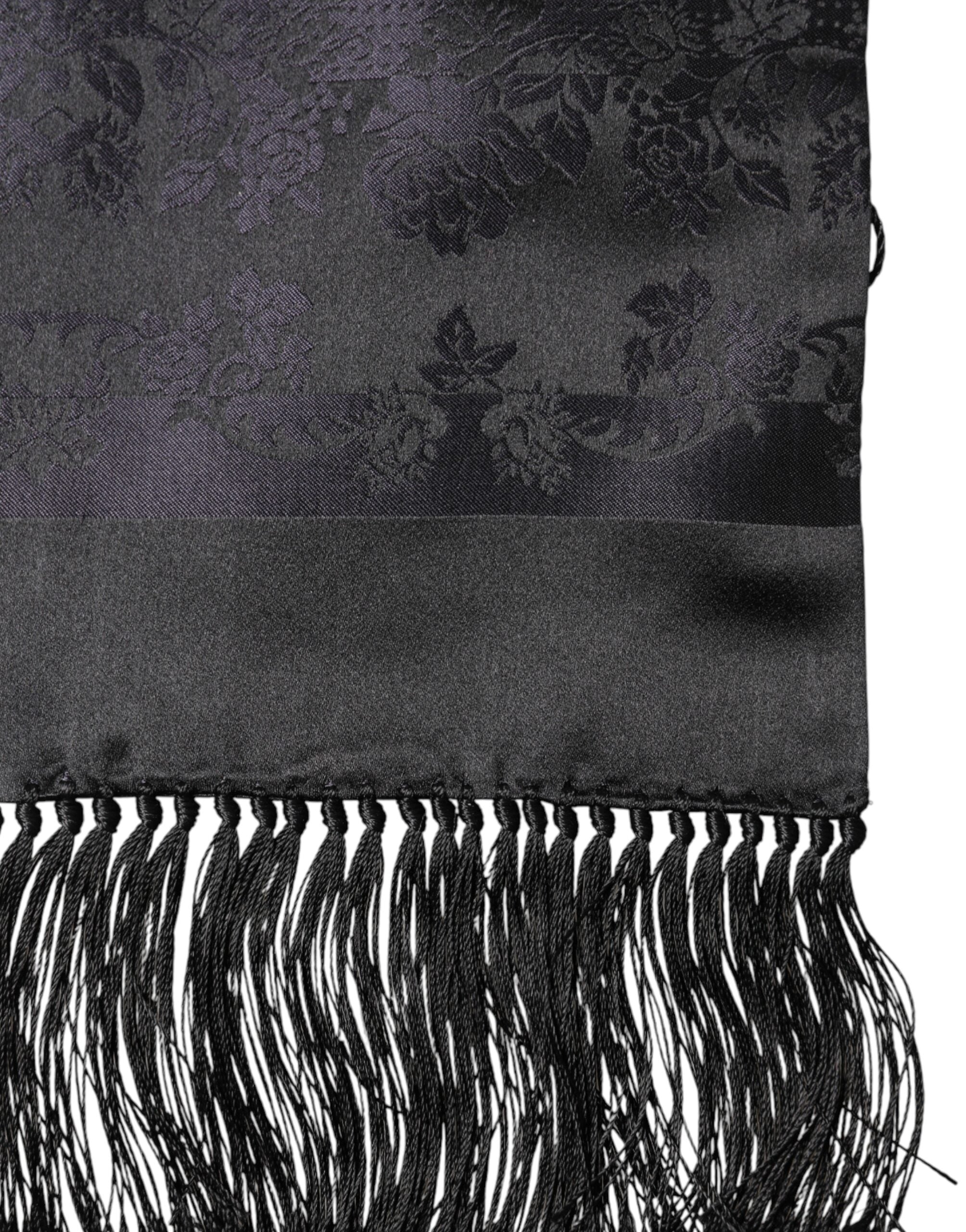 Dolce & Gabbana Black Satin Silk Fringes Neck Foulard Scarf Dolce & Gabbana