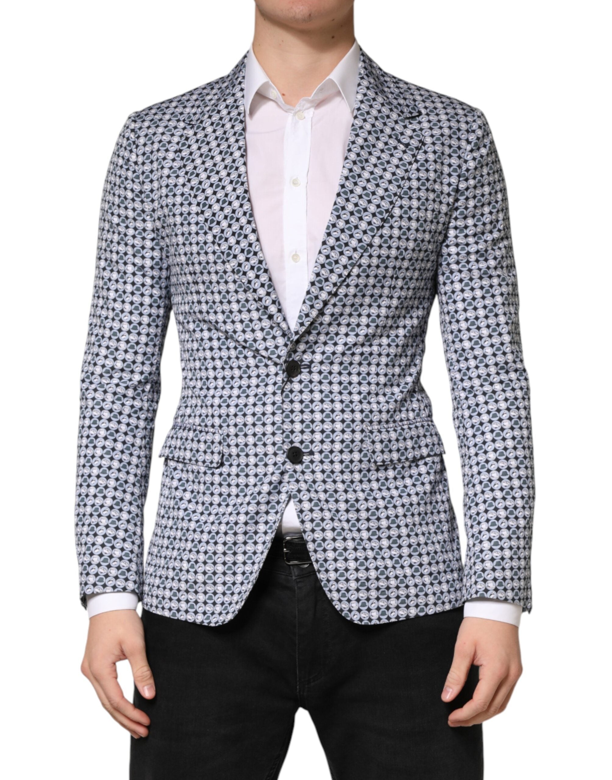 Dolce & Gabbana Blue Cotton Patterned Single Breasted Blazer Dolce & Gabbana