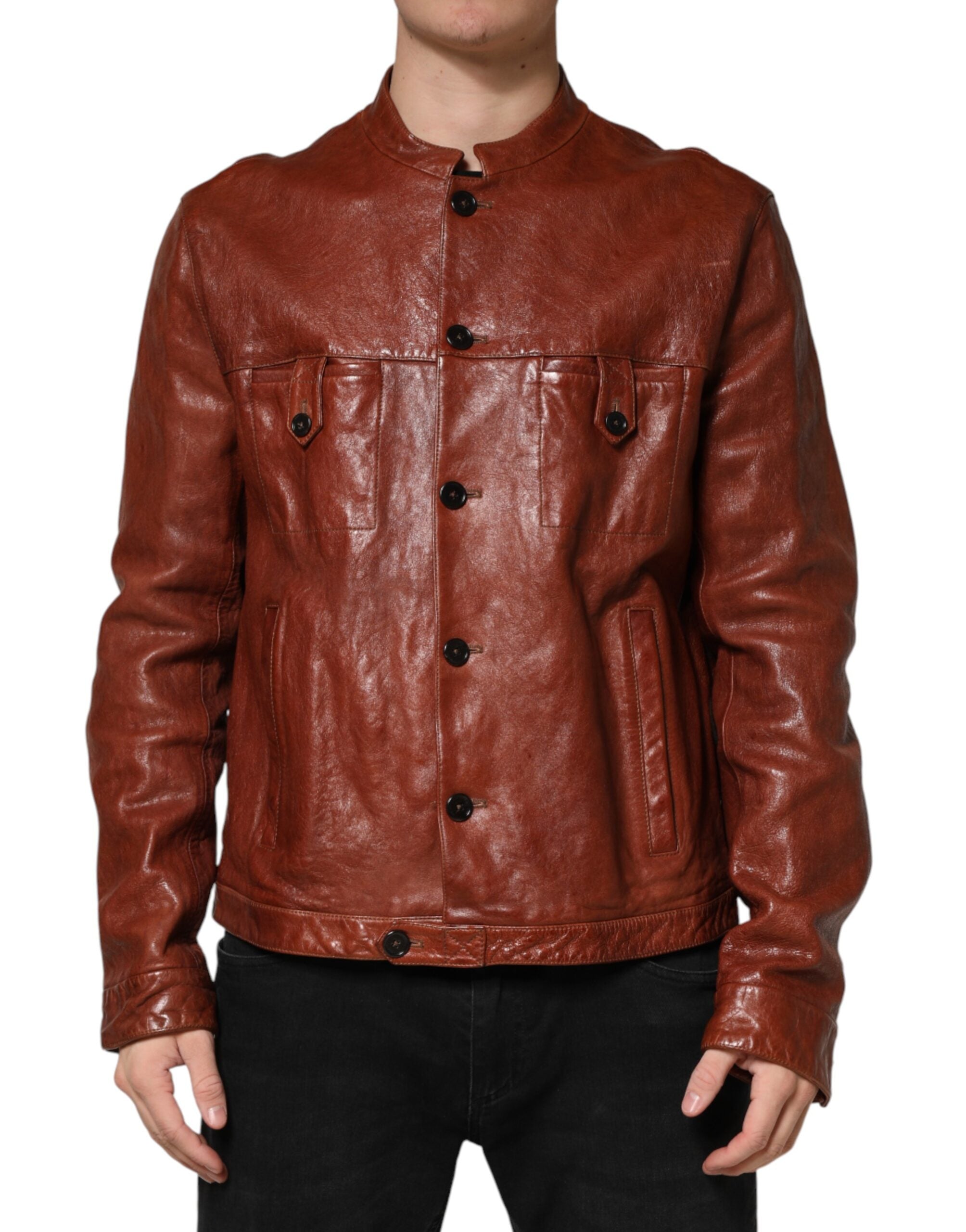Dolce & Gabbana Brown Leather Button Down Men Biker Jacket Dolce & Gabbana