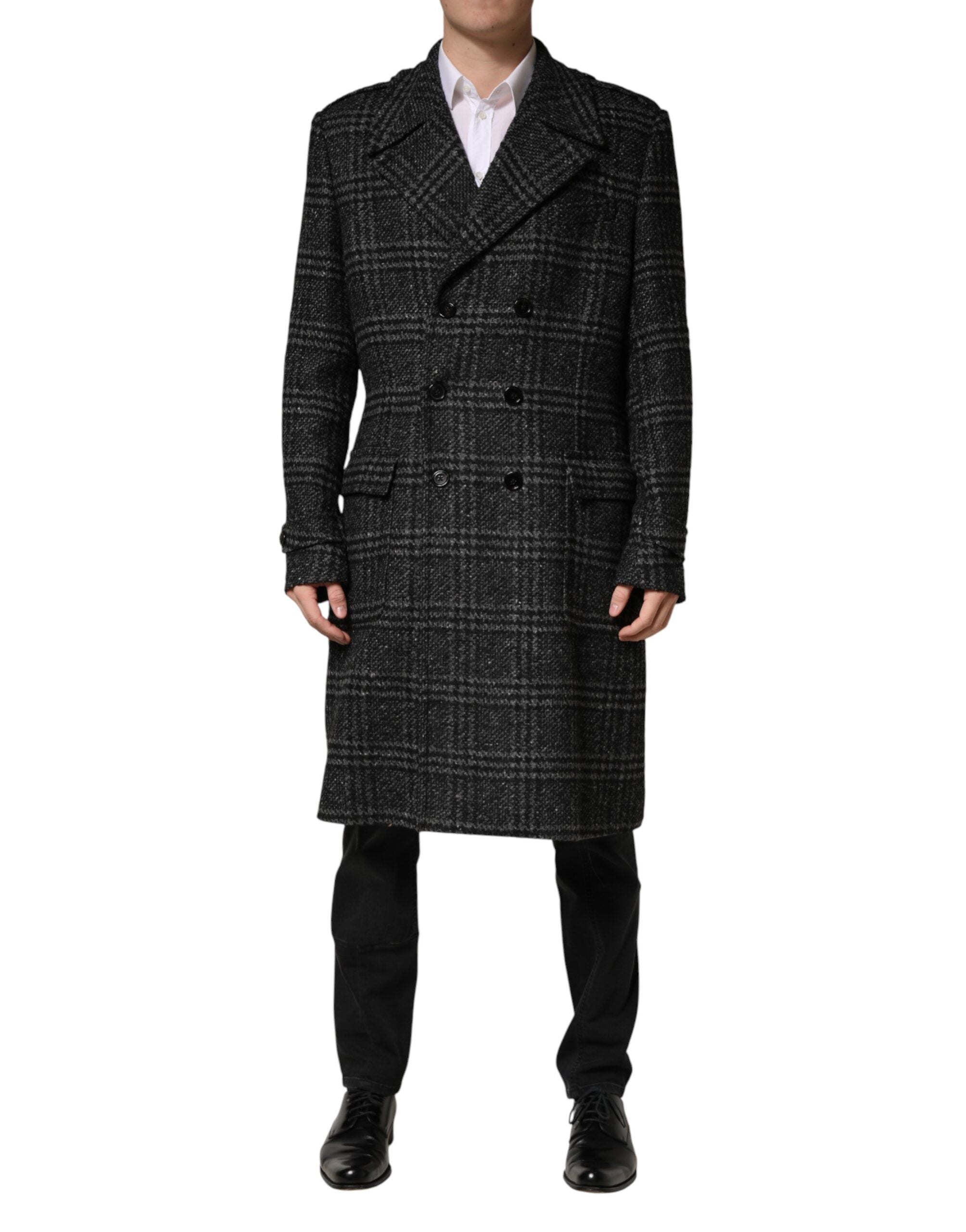 Dolce & Gabbana Grey Double Breasted Plaid Wool Coat Jacket Dolce & Gabbana