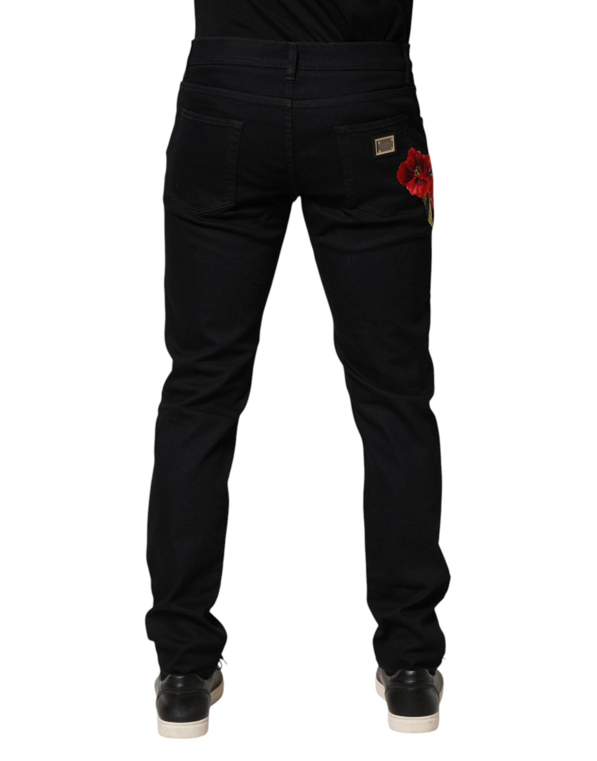 Dolce & Gabbana Black Floral Cotton Skinny Men Denim Jeans Dolce & Gabbana