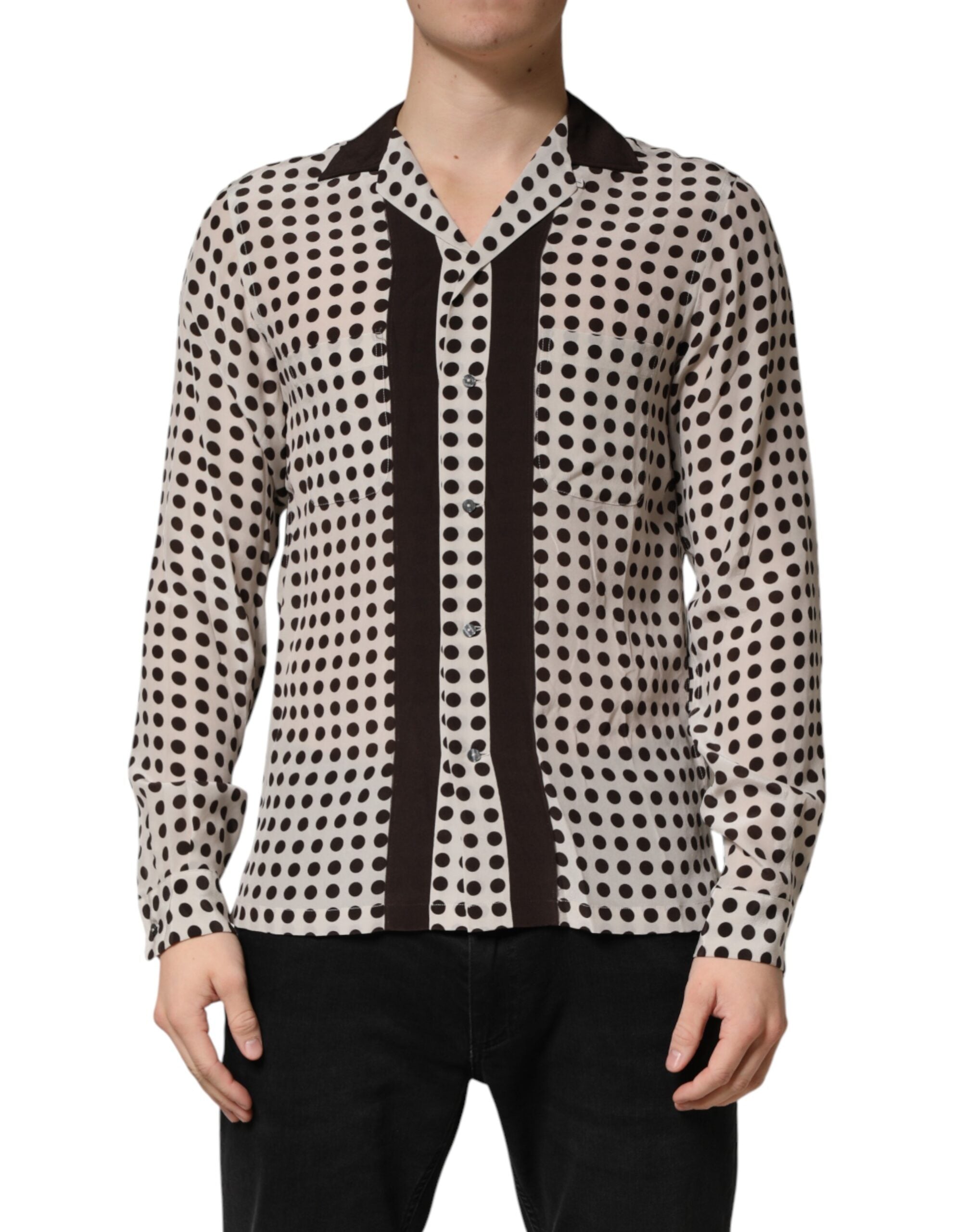 Dolce & Gabbana White Black Polka Dot Silk Men Casual Shirt Dolce & Gabbana