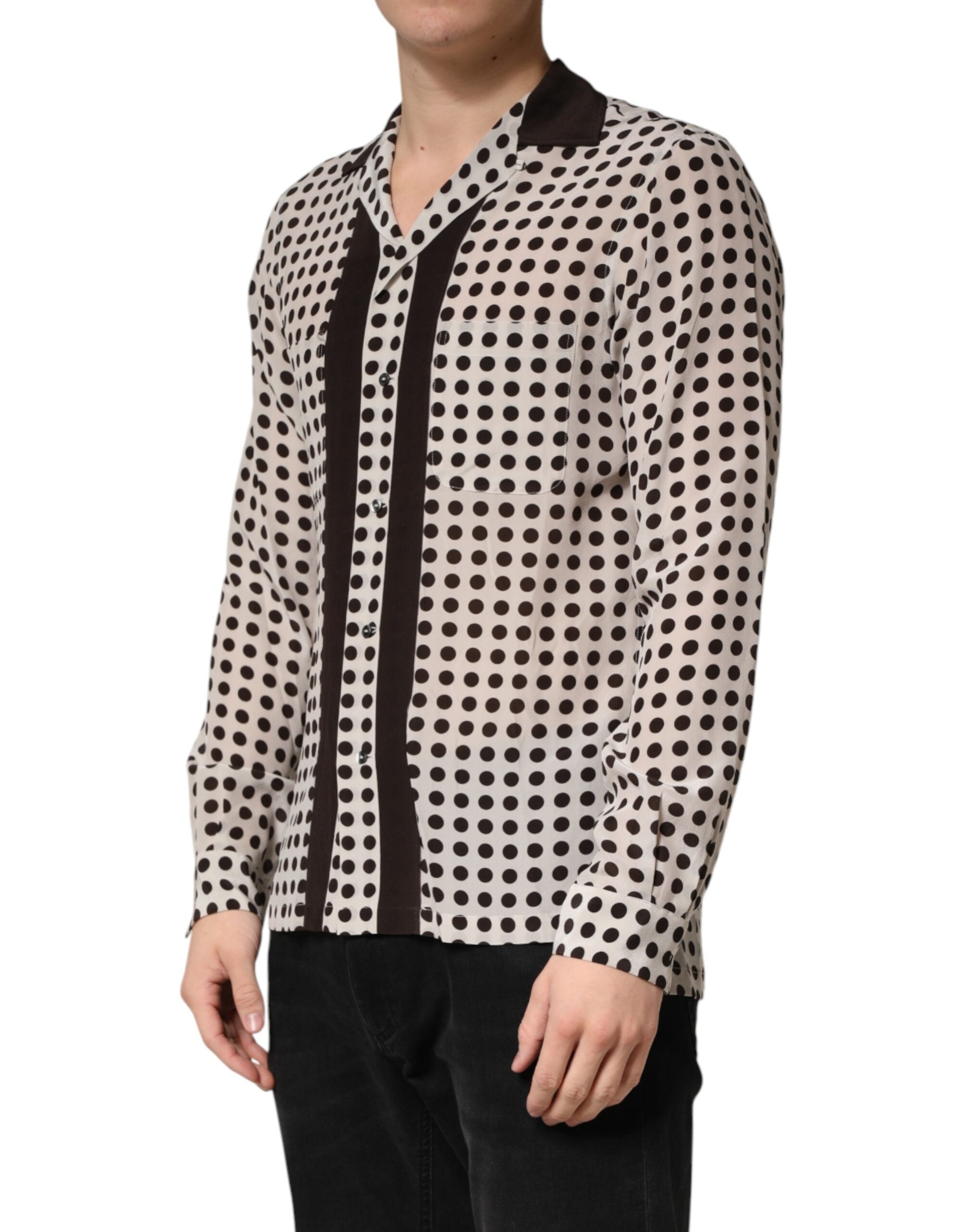 Dolce & Gabbana White Black Polka Dot Silk Men Casual Shirt Dolce & Gabbana