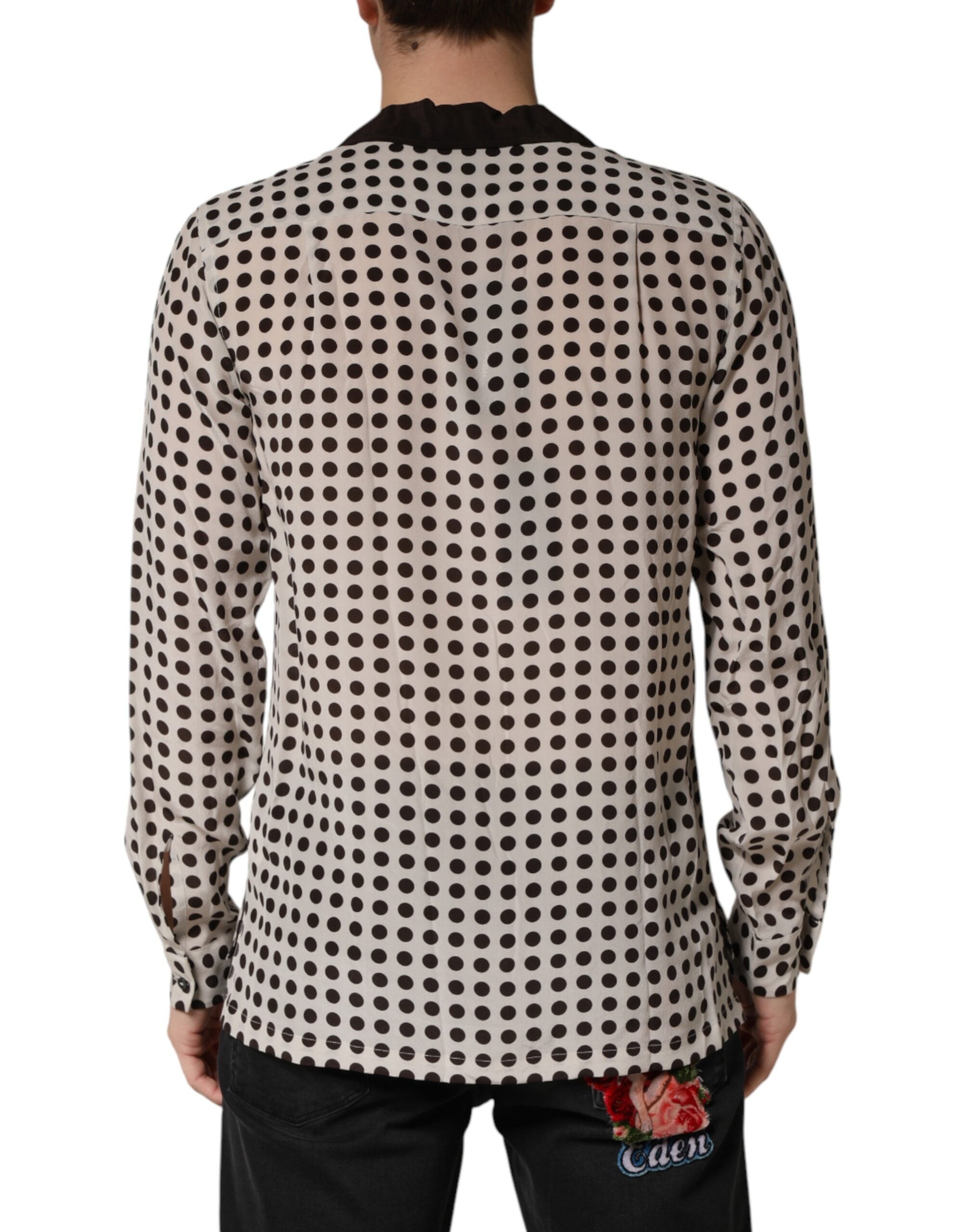 Dolce & Gabbana White Black Polka Dot Silk Men Casual Shirt Dolce & Gabbana