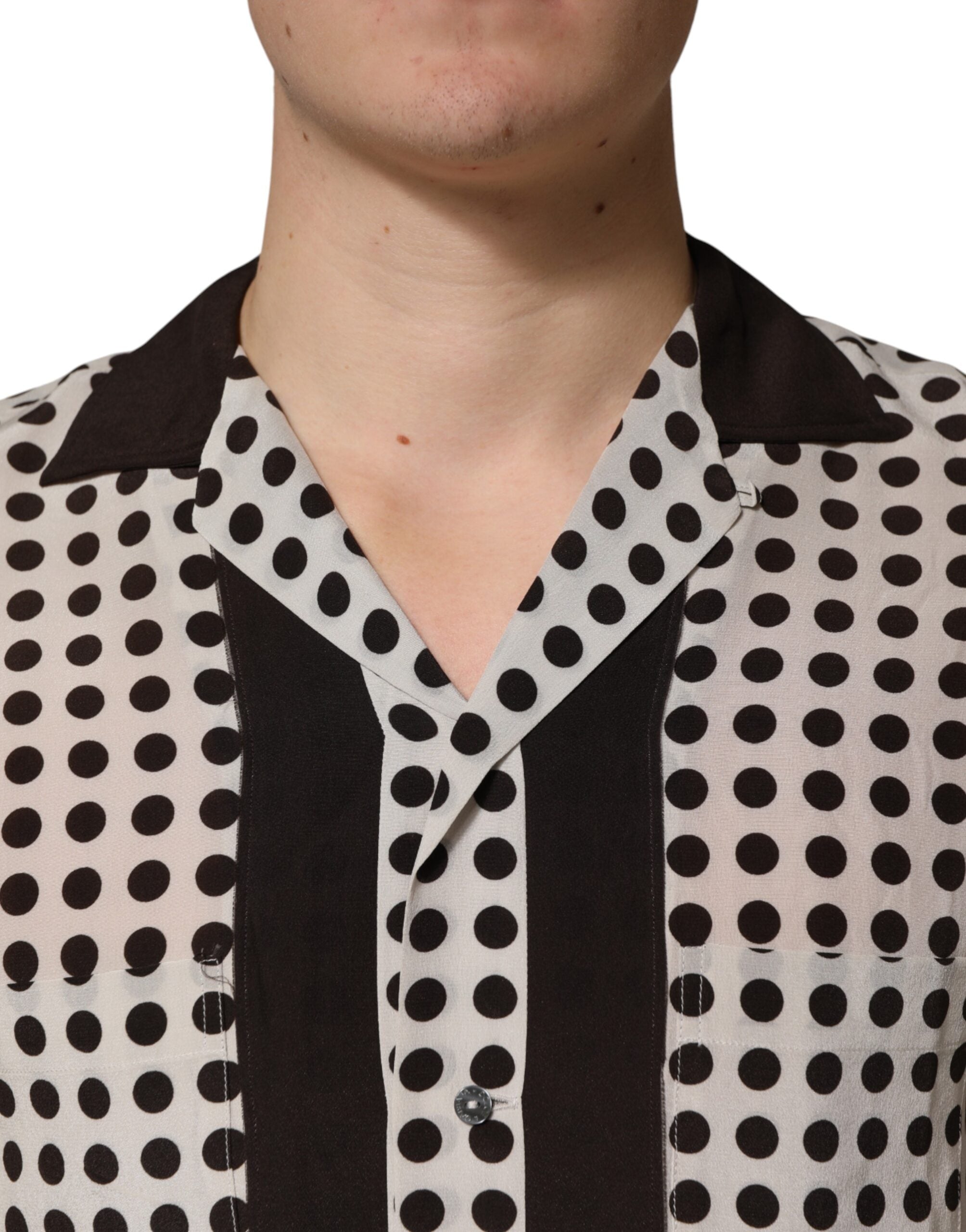 Dolce & Gabbana White Black Polka Dot Silk Men Casual Shirt Dolce & Gabbana